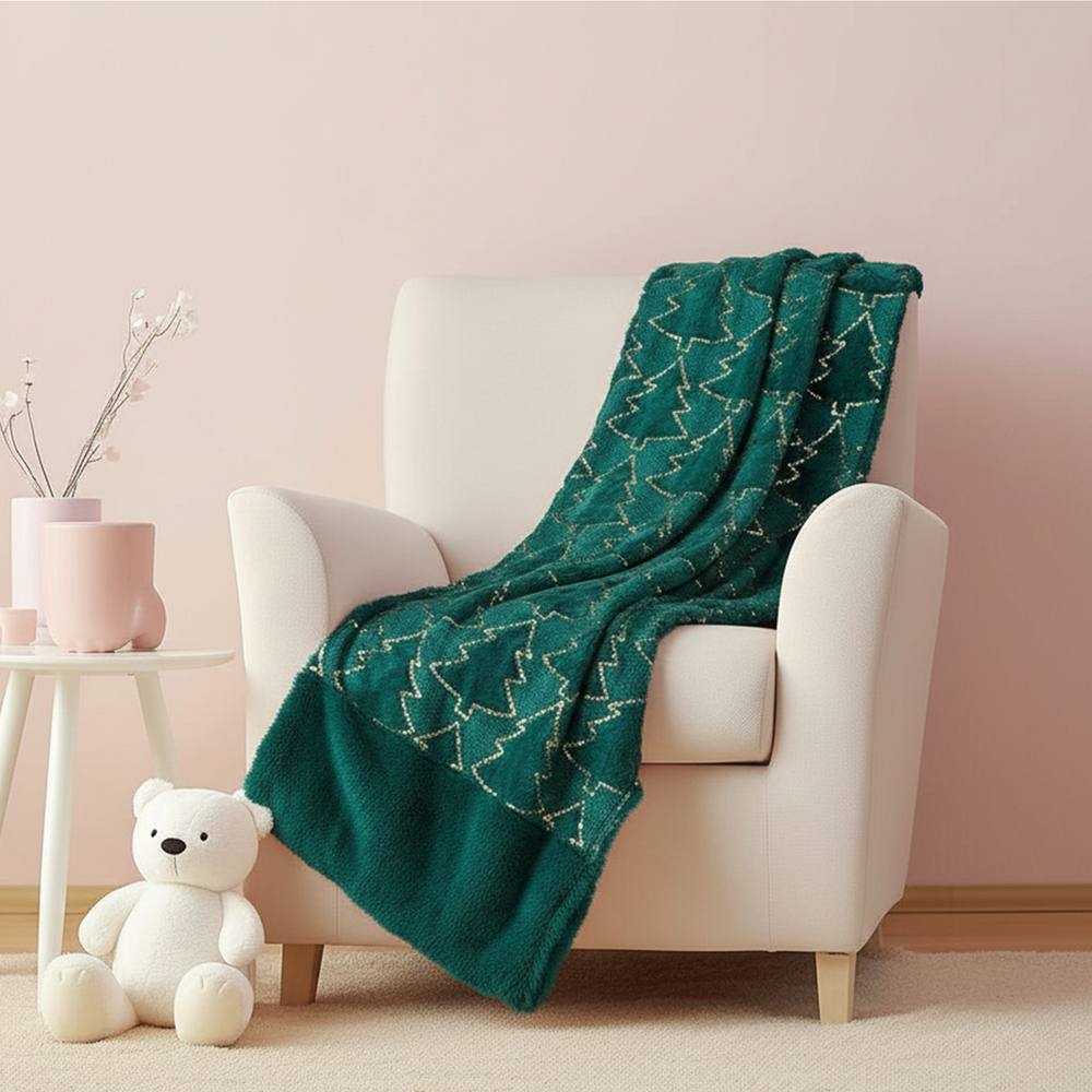 Snug City Christmas Tree Print Throw Blanket Cozy Festive Holiday Decor Gift in Green