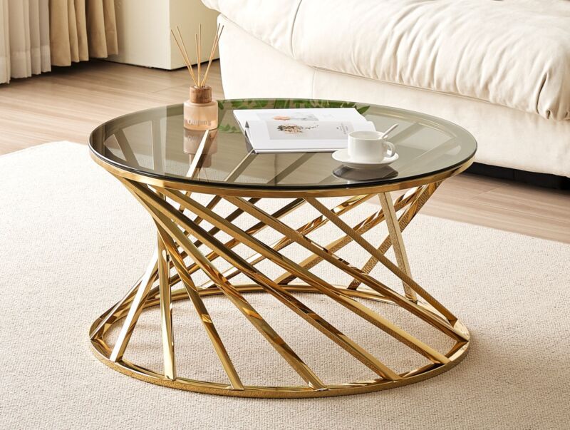 Comfy Living Ltd Round Geometric Design Metal Coffee Table With Tinted Glass Tempered Top in Gold