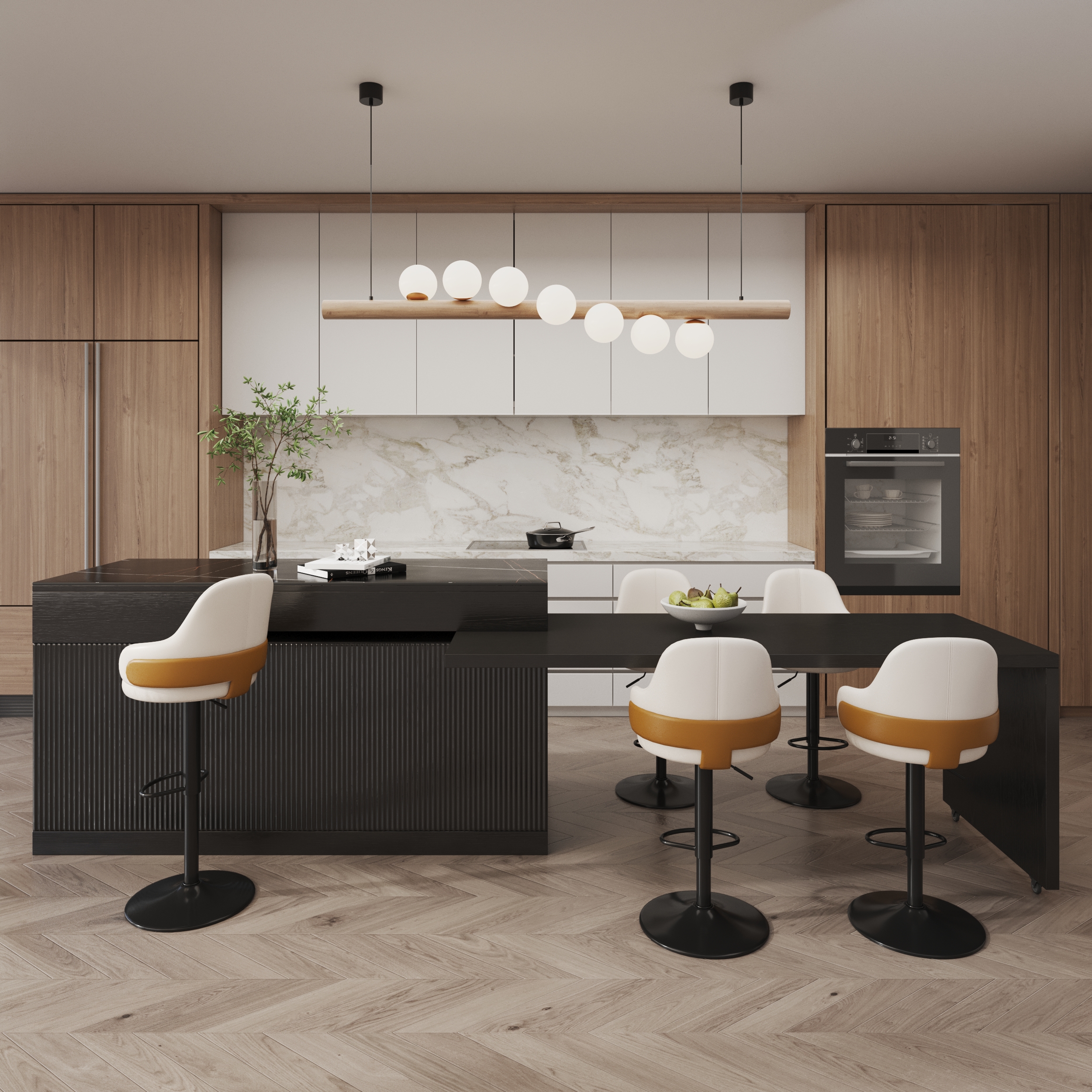 205 - 270 cm Kitchen lsland Extendable Marble Veneered Top Black Modern with Doors & Drawers