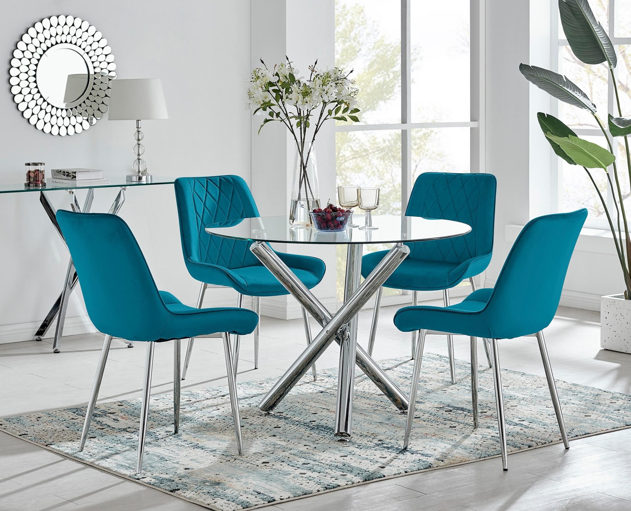 FurnitureboxUK Selina Round Glass Chrome Leg Dining Table & Pesaro Silver Leg Chairs in Blue