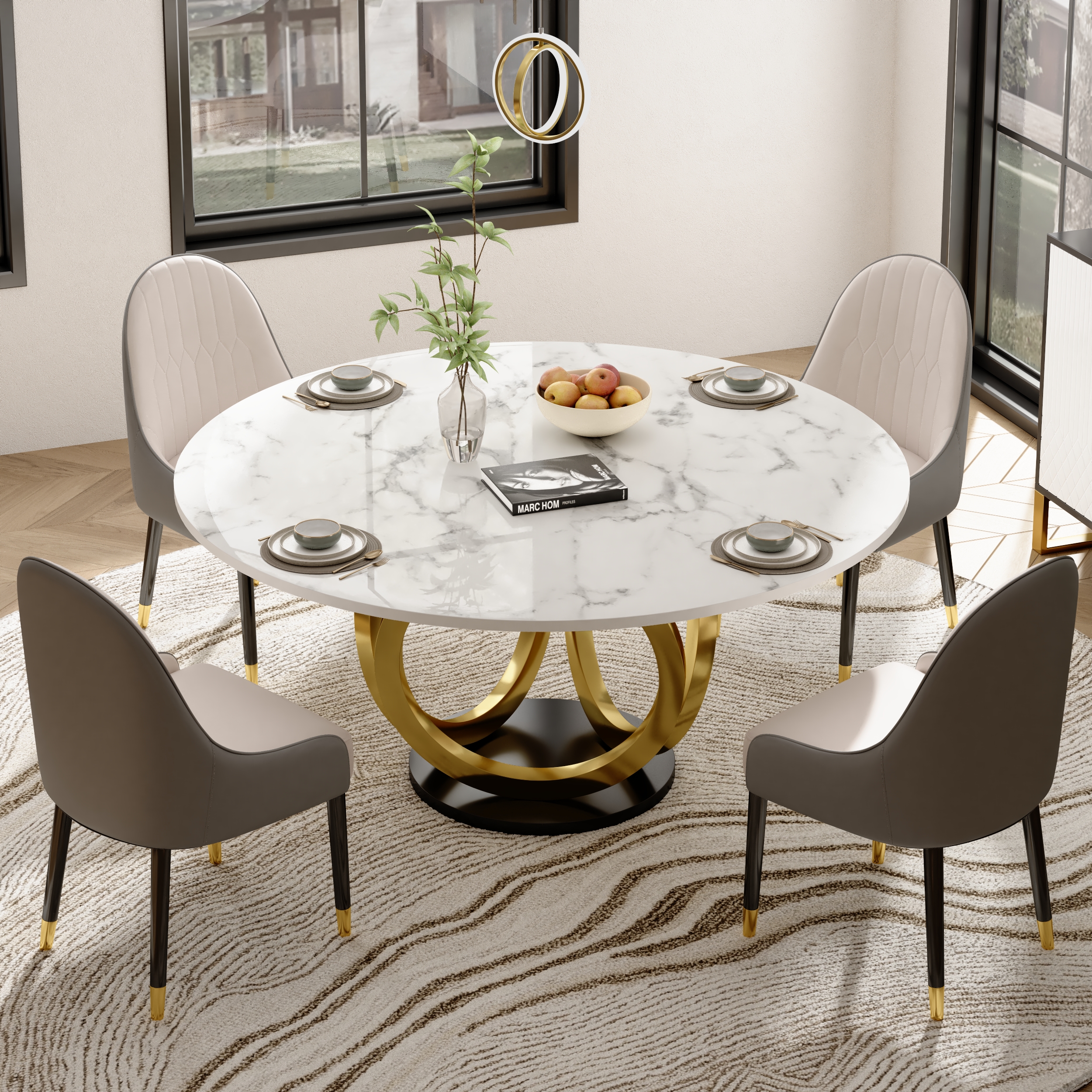 Round Dining Table Sintered Stone Top Gold & Black Pedestal for 6 Person Modern White