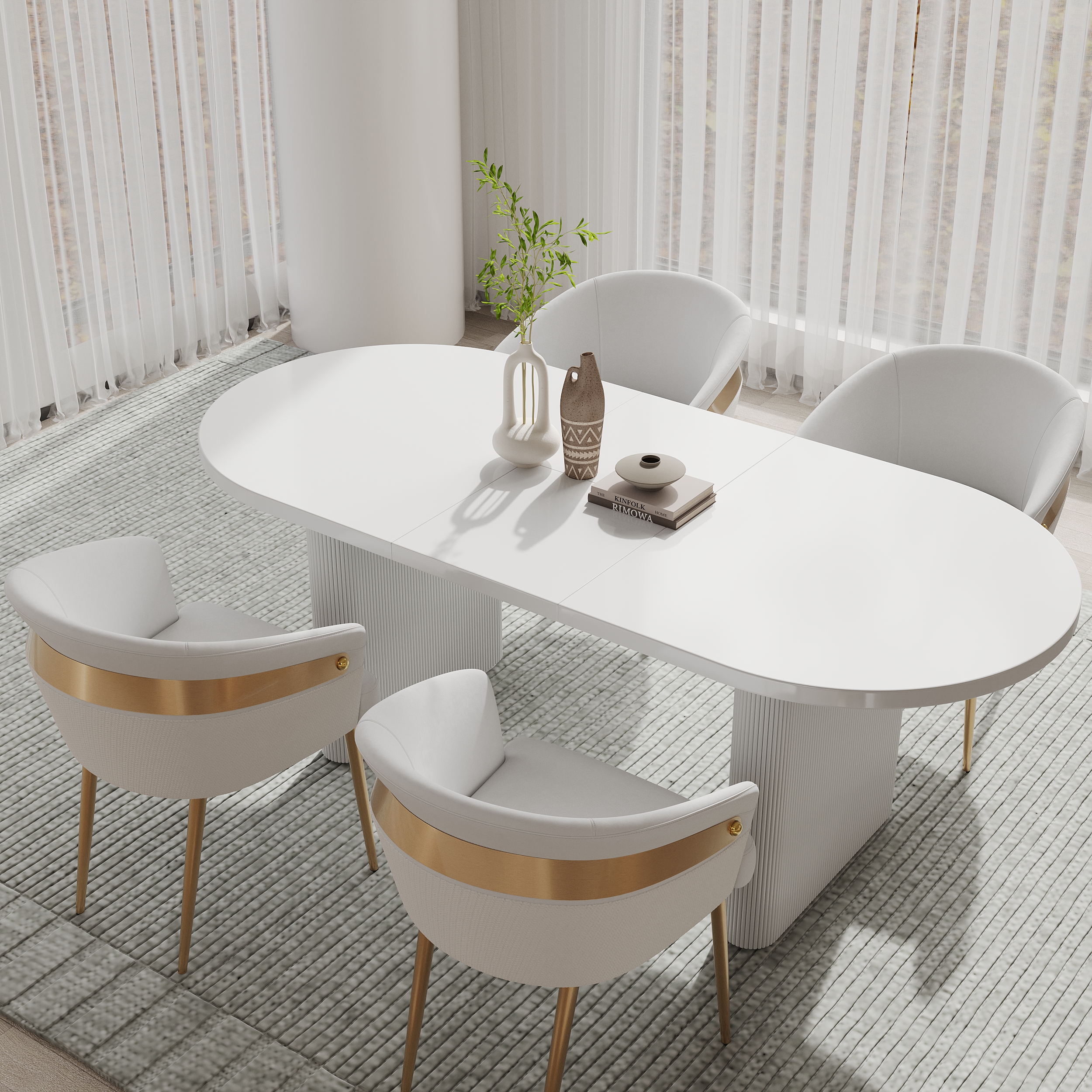 1600mm-2000mm Oval Extendable White Dining Table Butterfly Leaf 4-6 Seater & Dining Chairs Set