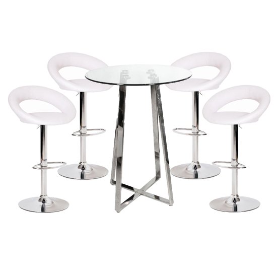 Poseur Glass Top Bar Table with 4 Leoni White Bar Stools