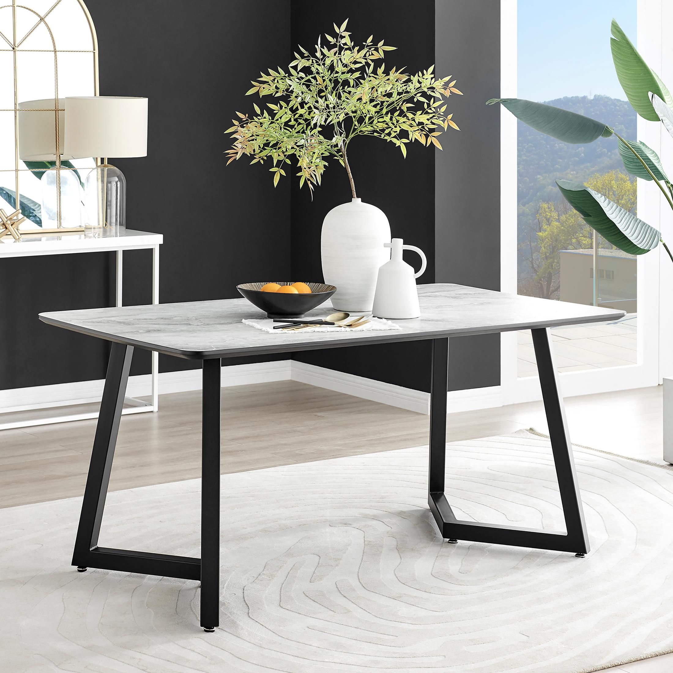 FurnitureboxUK Carson 160cm White Marble Effect Large Dining Table with Black Legs