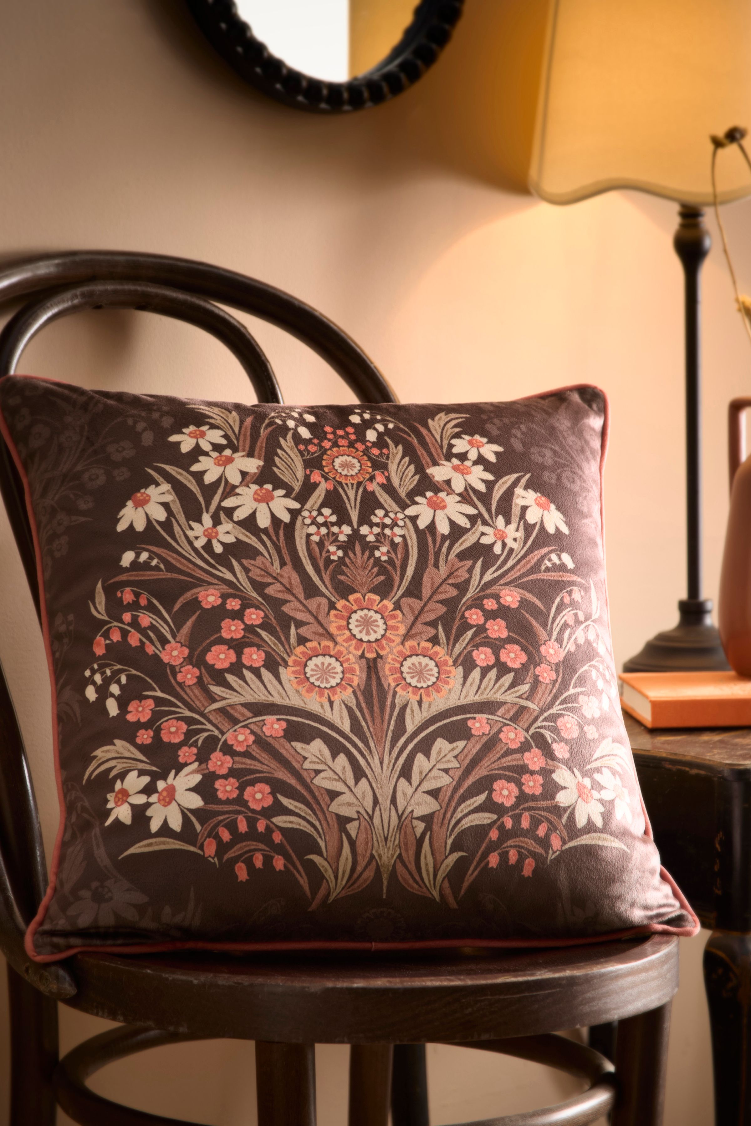 Appletree 'Audrey' Floral Print Velvet Filled Cushion in Chocolate