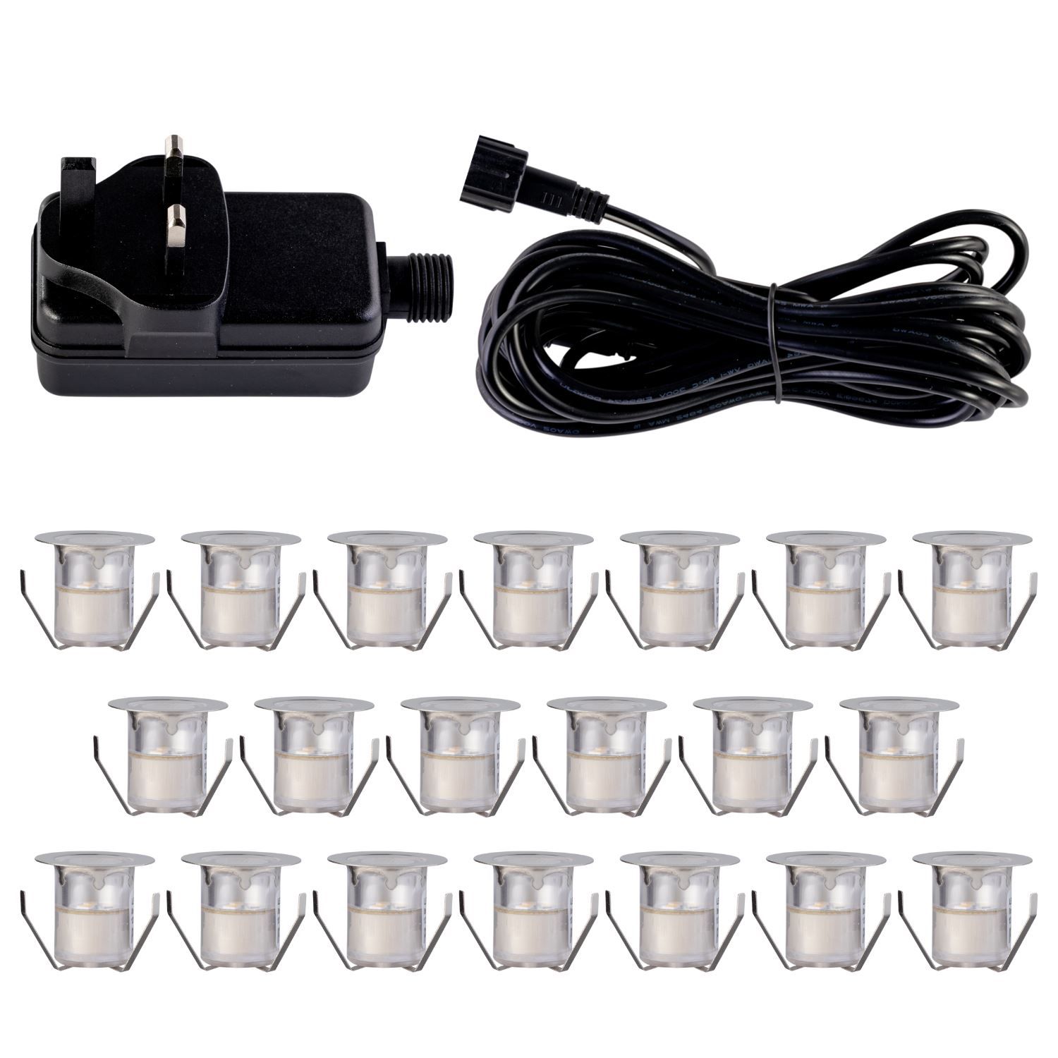 First Choice Lighting Set of 20 - 30mm Stainless Steel IP67 Warm White LED Decking Kit in Silver