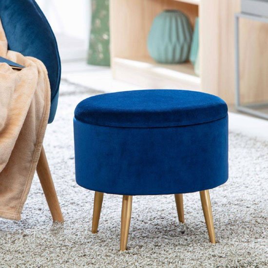 Willandra Fabric Storage Ottoman Stool In Blue With Metal Legs