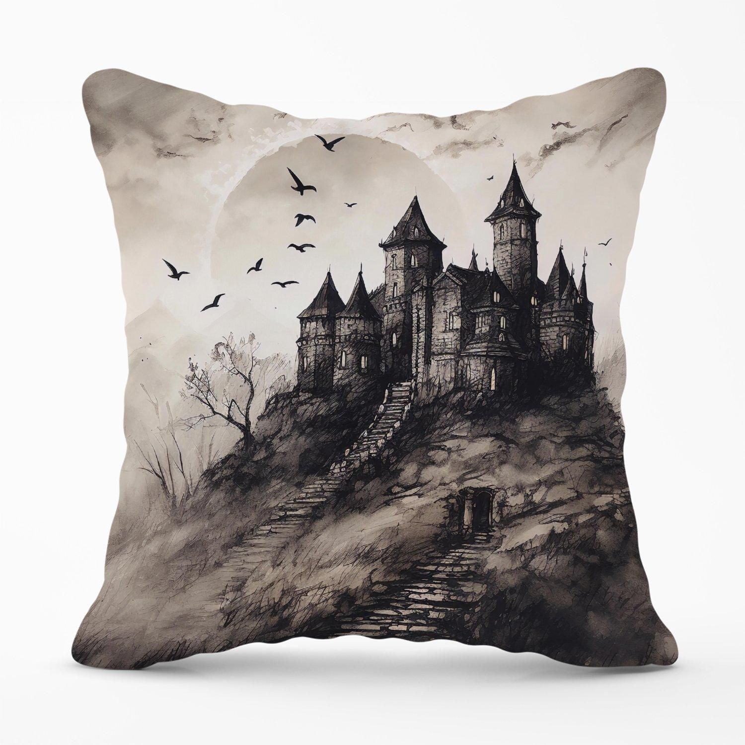 Warren Reed - Designer A Realistic Ink Drawing Of A Haunted Castle Outdoor Cushion in Grey