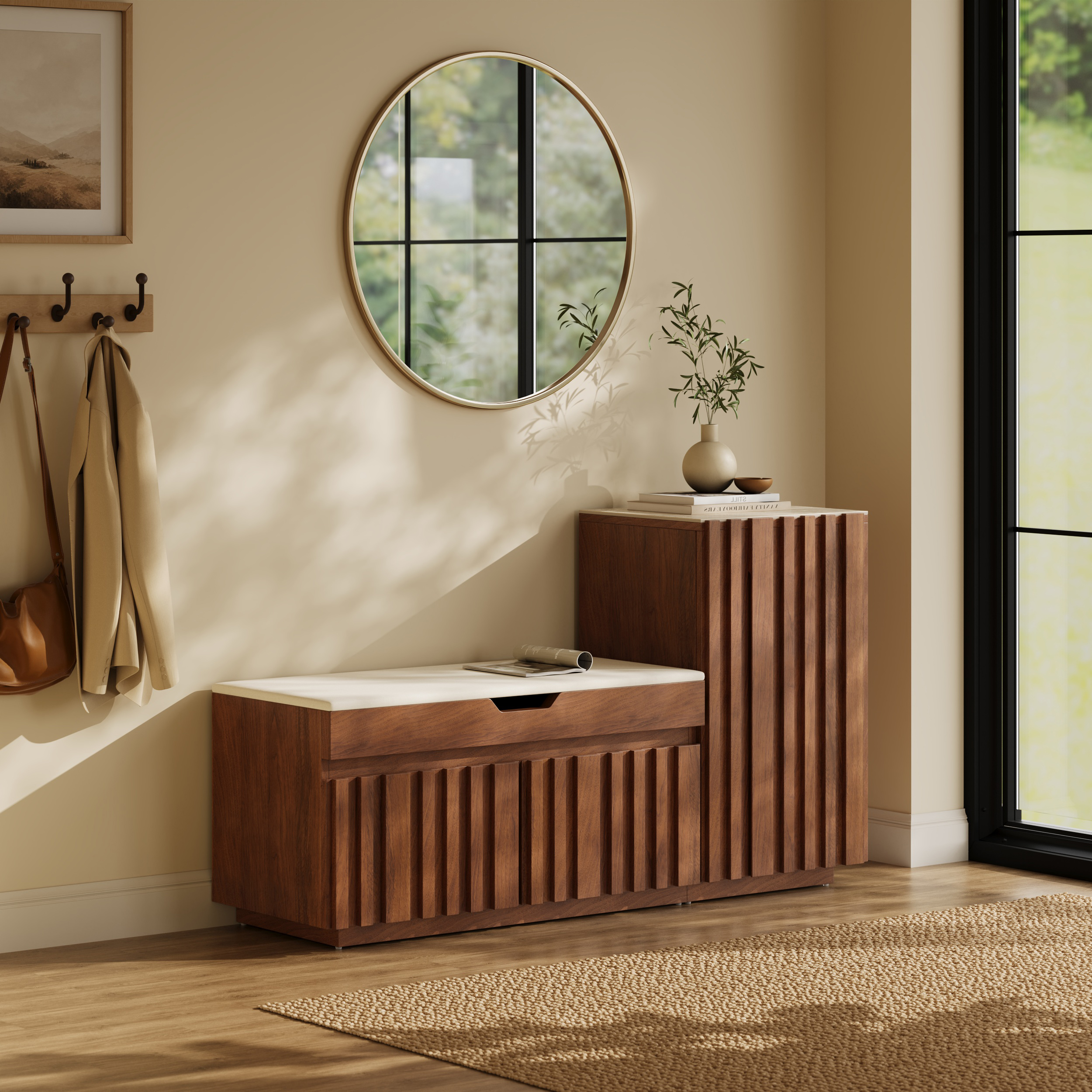 Aura 47” Walnut Wooden Shoe Storage Bench with Right-Side Cabinet for Entryway