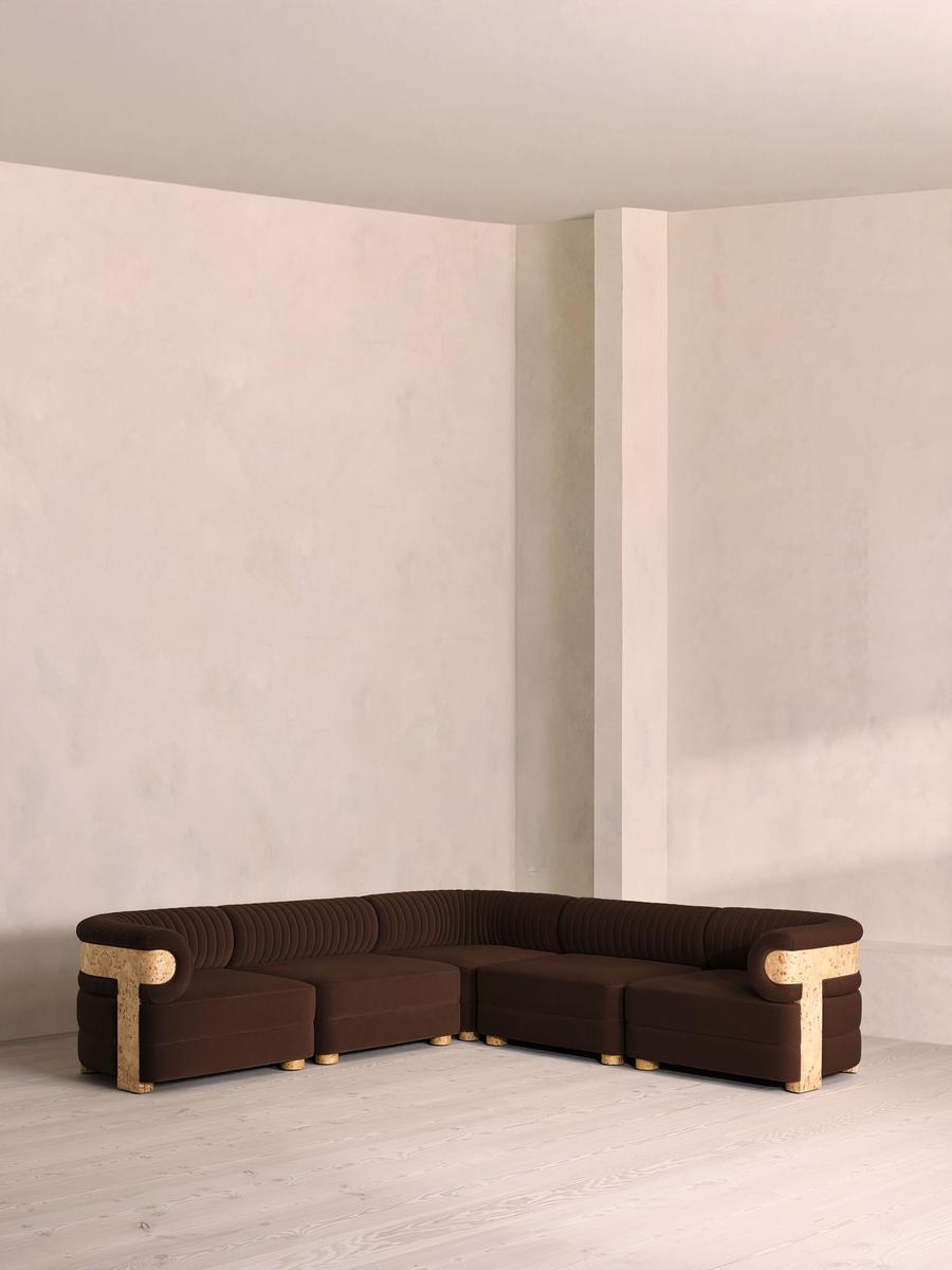 Caleb Modular Corner Sofa, Velvet, Chocolate, Blonde Burl