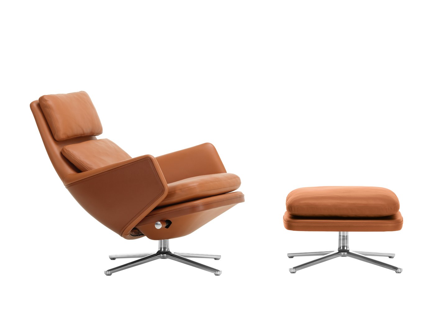 Vitra Grand Relax Chair & Ottoman Cognac Leather Polished Base Felt Glides