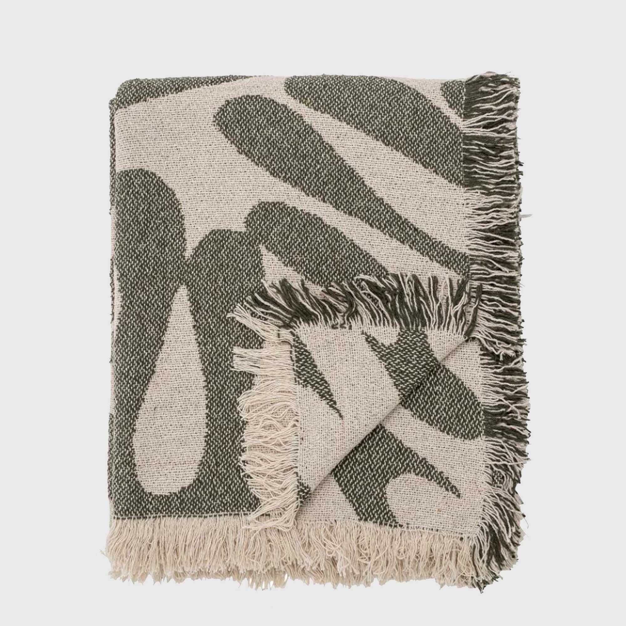 RECYCLED NATURE FRINGED THROW, Green Cotton Blend | Barker & Stonehouse