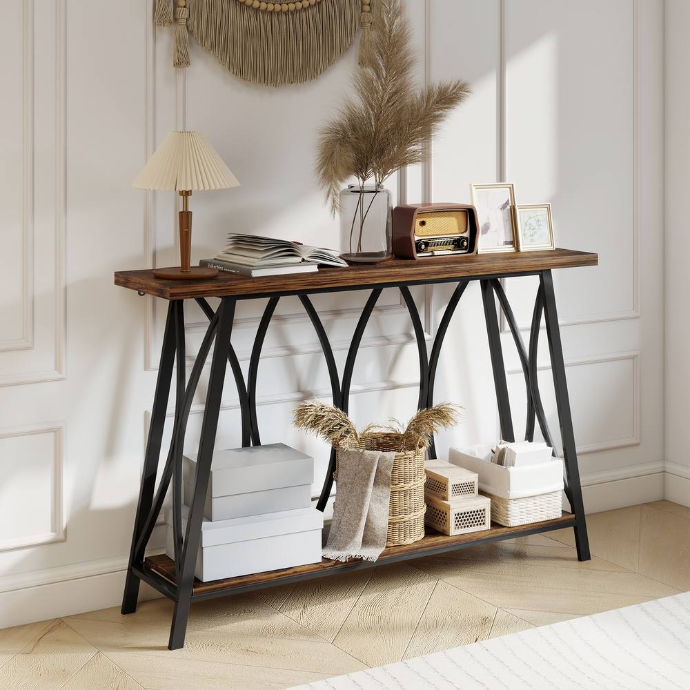 HOMCOM Console Table, Industrial Narrow Sofa Table with 2 Tiers, Metal Frame in Brown