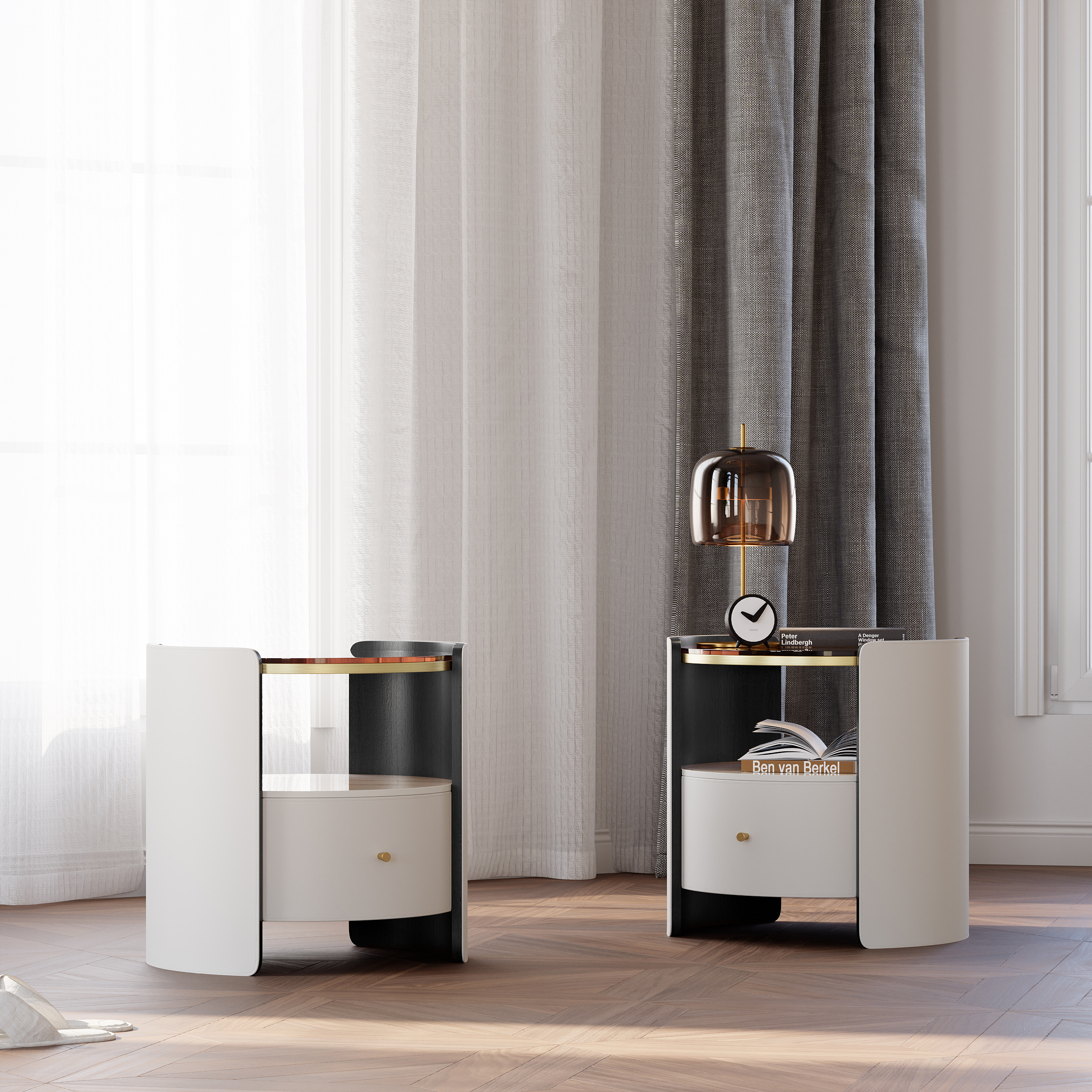 Modern Round White Leather Nightstand with Glass Top & Sintered Stone Bedside with Shelf Set of 2
