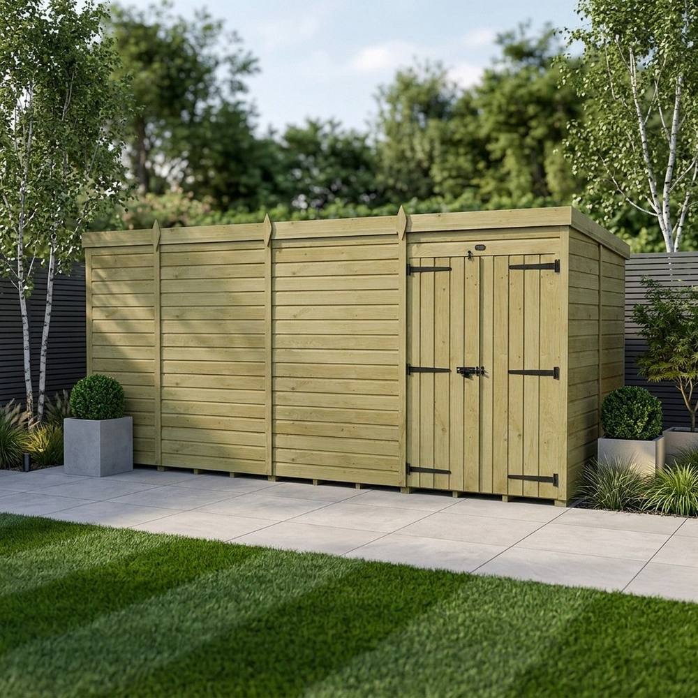 Buttercup Farm 17ft x 10ft Pent Garden Shed Double Door No Windows - Timber in Brown 2