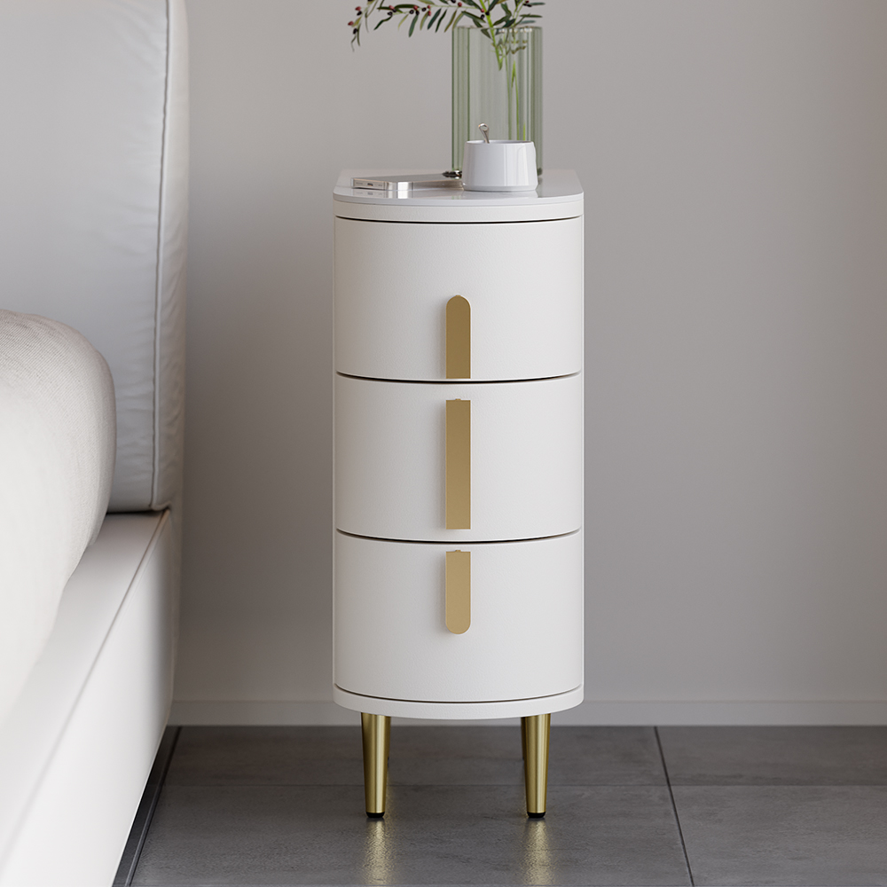 Modern Off-White Narrow 3 Drawer Bedside Table Sintered Stone Top Bedside Table