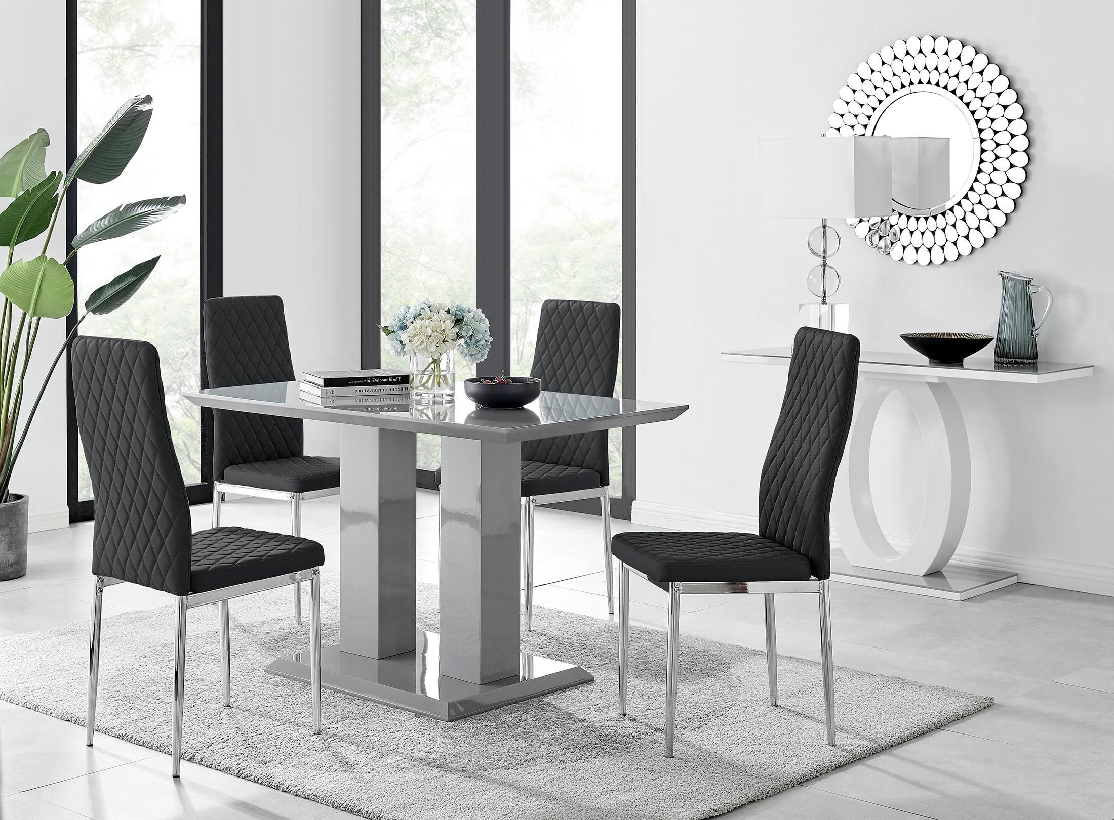 FurnitureboxUK Imperia Grey High Gloss 4 Seater Dining Table with Structural 2 Plinth Column Legs 4 Soft Faux Leather Silver Leg Milan Chairs in Black