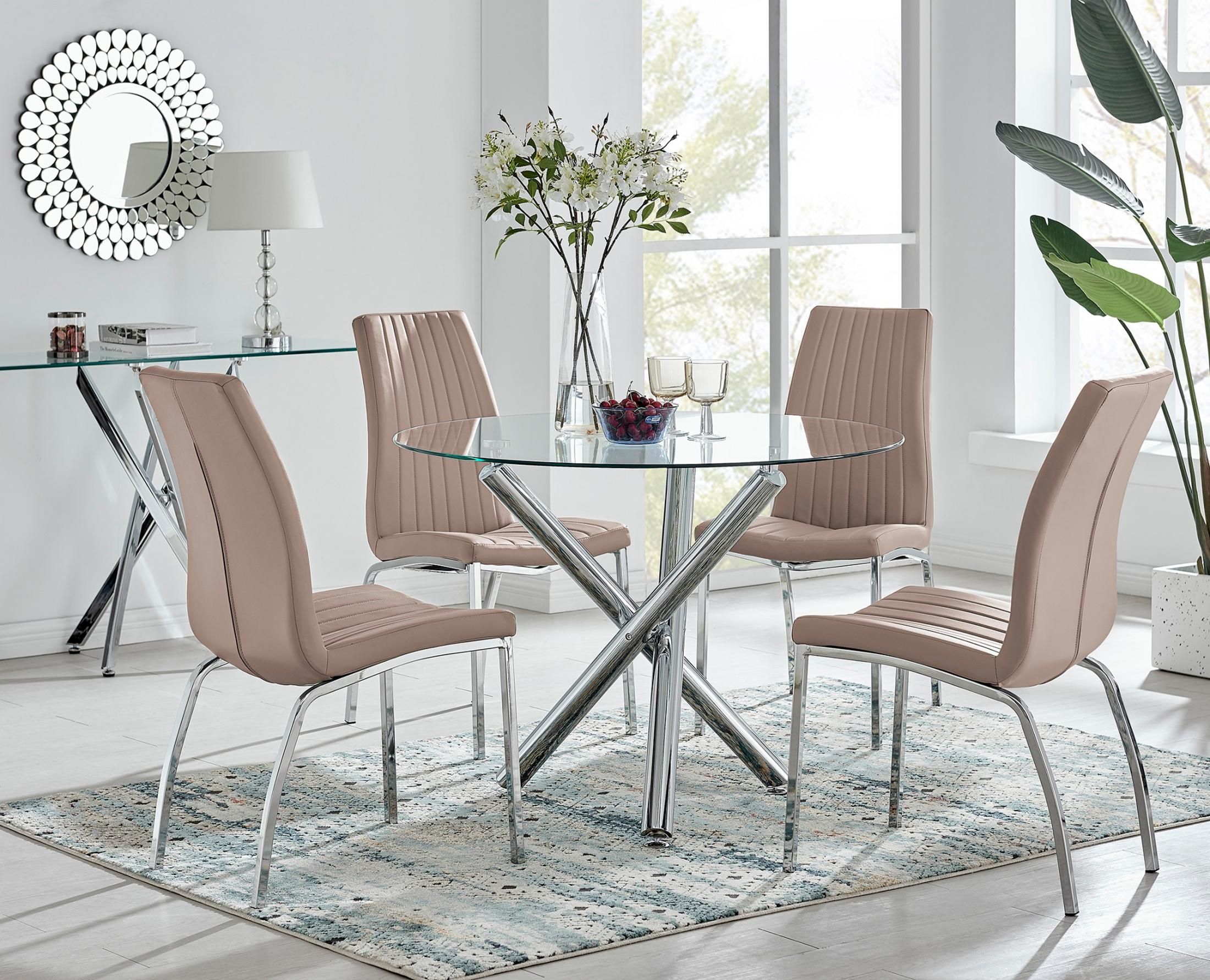FurnitureboxUK Selina Round Glass Chrome Leg Dining Table & Isco Chairs in Beige