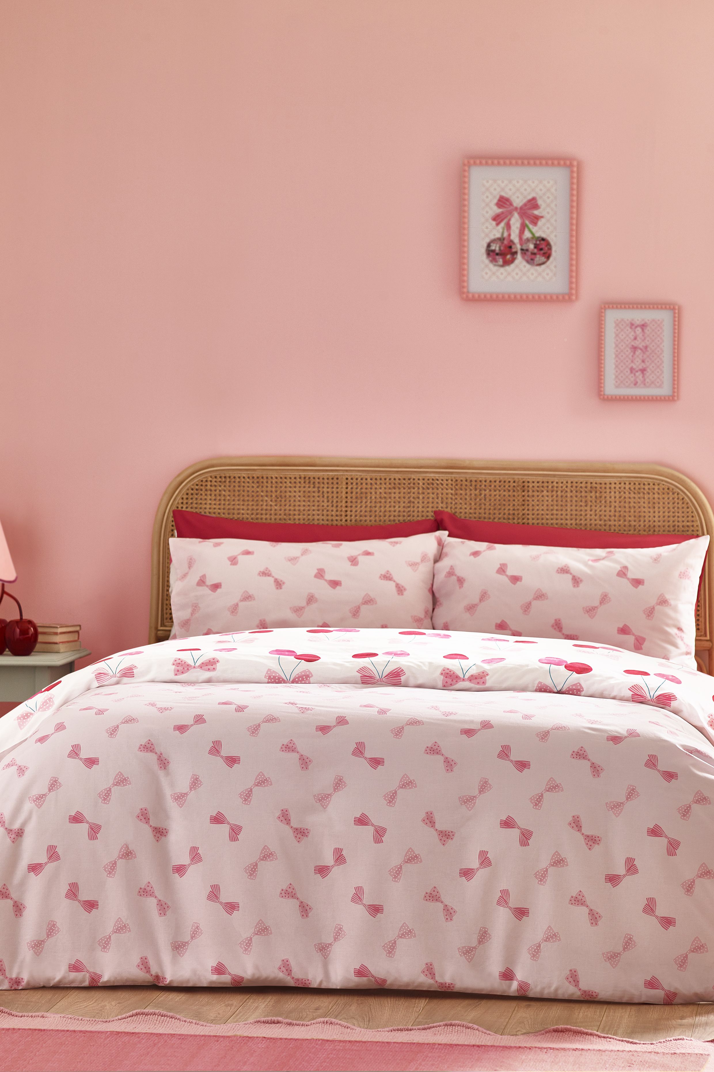 Catherine Lansfield 'Cherries & Bows' Reversible Duvet Cover Set in Pink 2