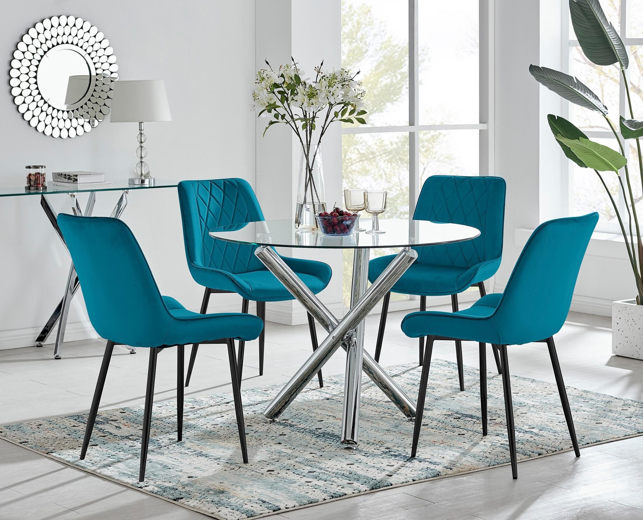FurnitureboxUK Selina Round Glass Chrome Leg Dining Table & Pesaro Black Leg Chairs in Blue
