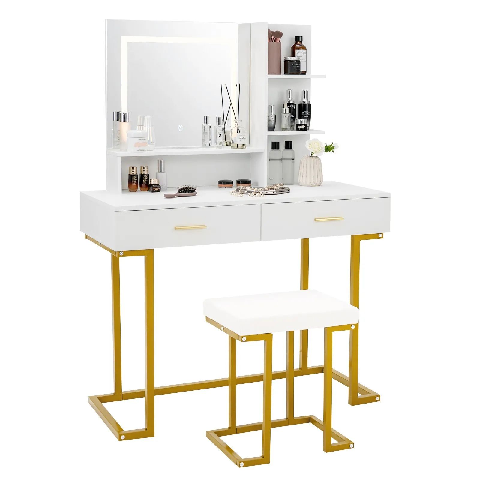 Costway Vanity Table Set Makeup Dressing Table with Cushioned Stool W/ Large LED Mirror in White