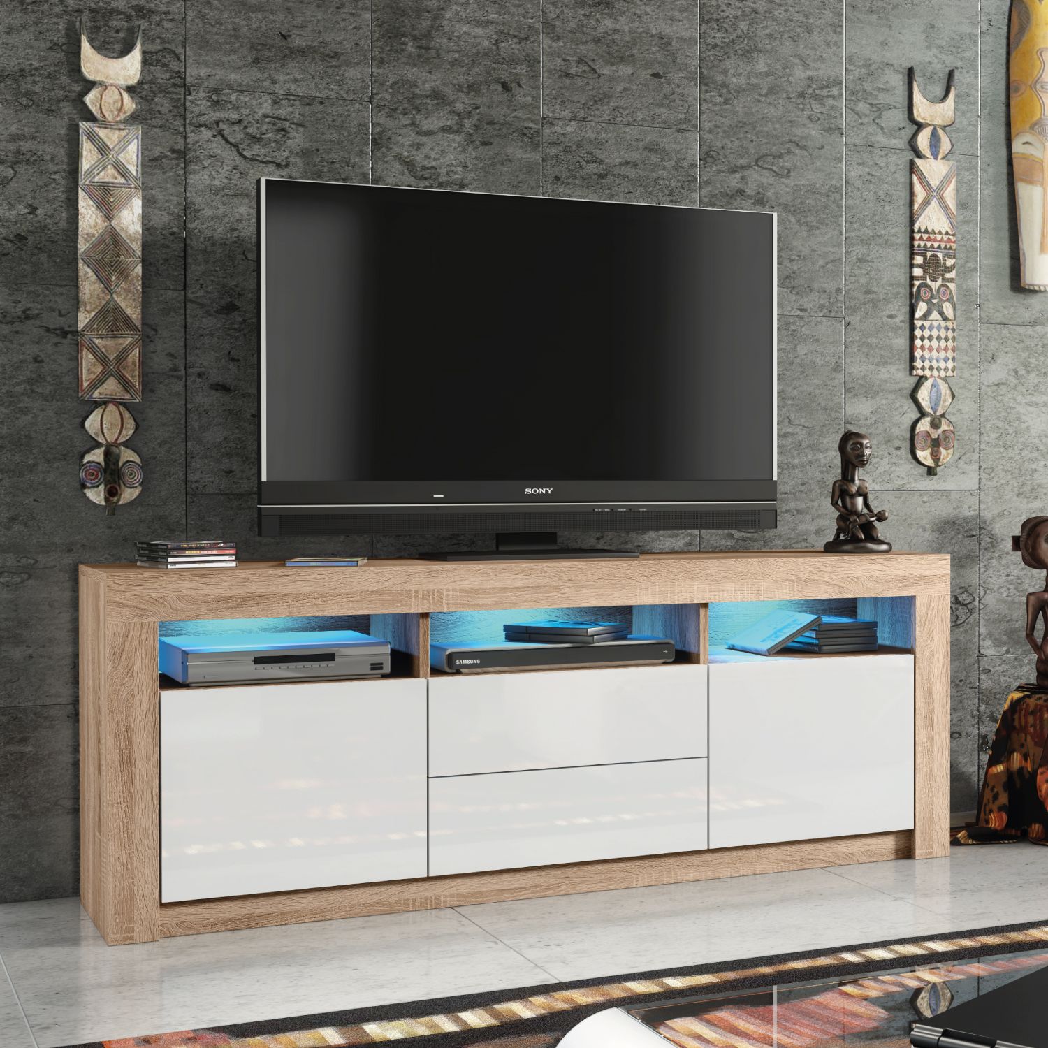 Creative Furniture Shine TV Unit 160cm - A Bright & Stylish Cabinet with Gloss Doors & LED Lights in Light Oak