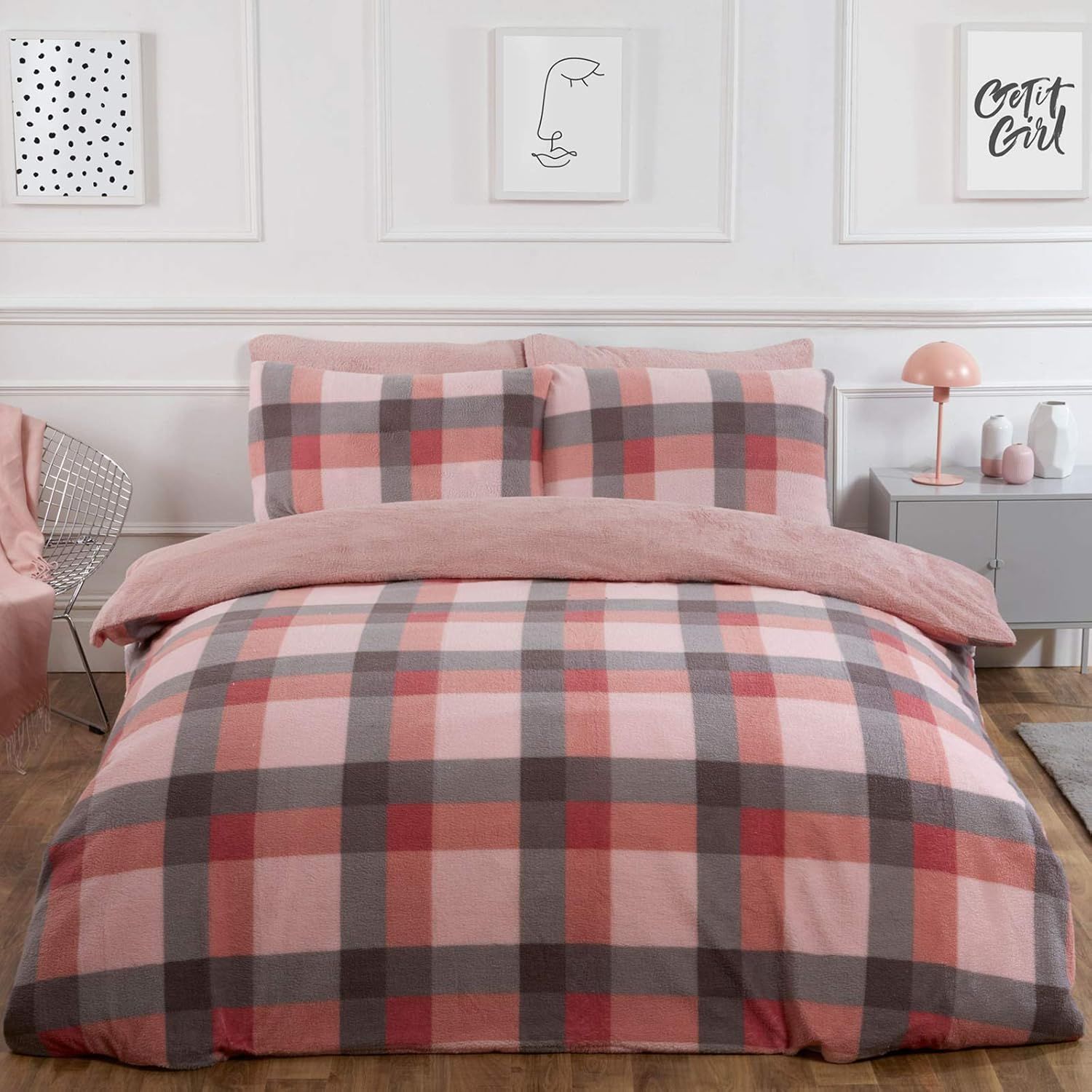 OHS Check Teddy Duvet Cover with Pillowcase Set in Light Pink
