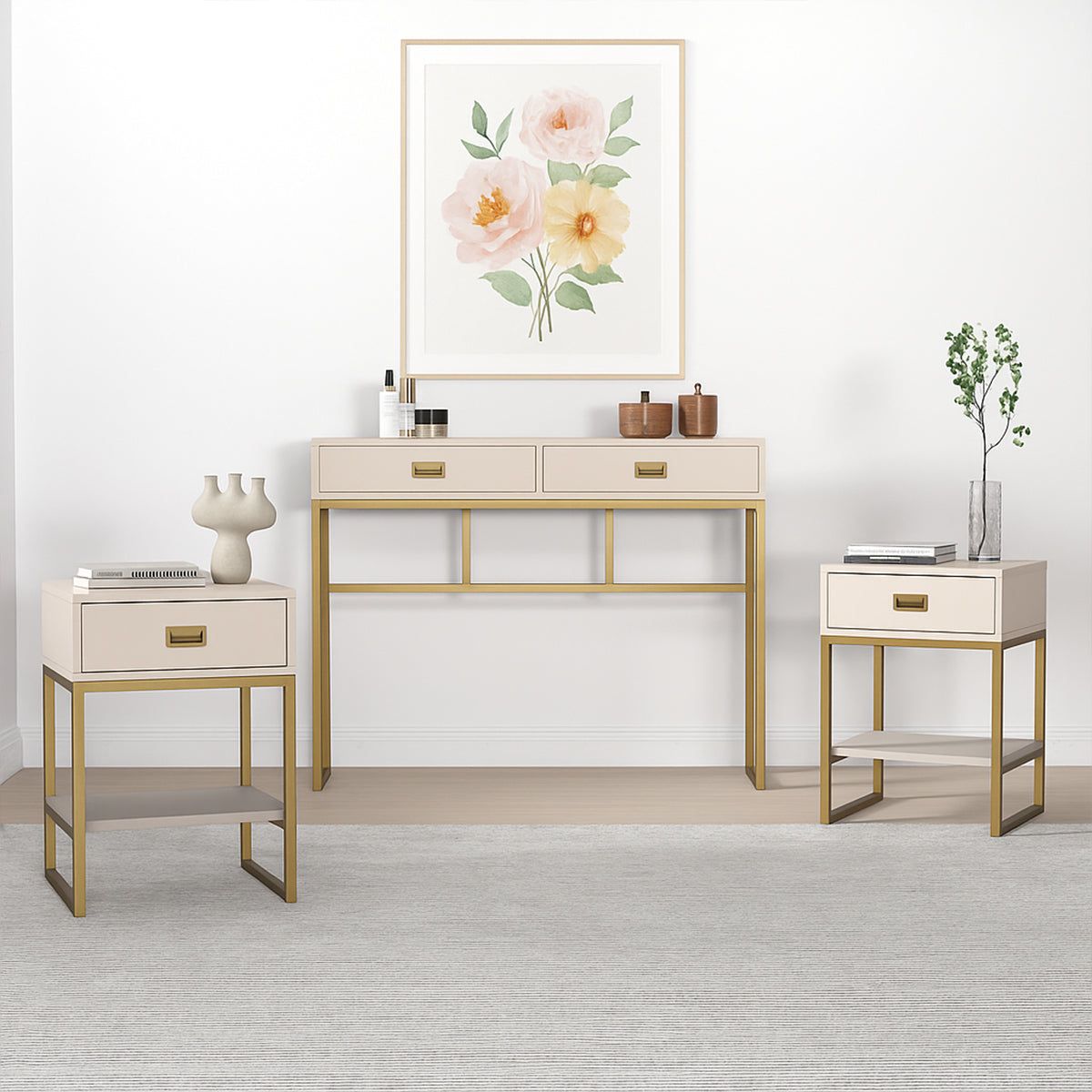 Melody Maison Large 2 Drawer Dressing Table & Pair Of Bedside Tables - Elle Stone Range in Beige
