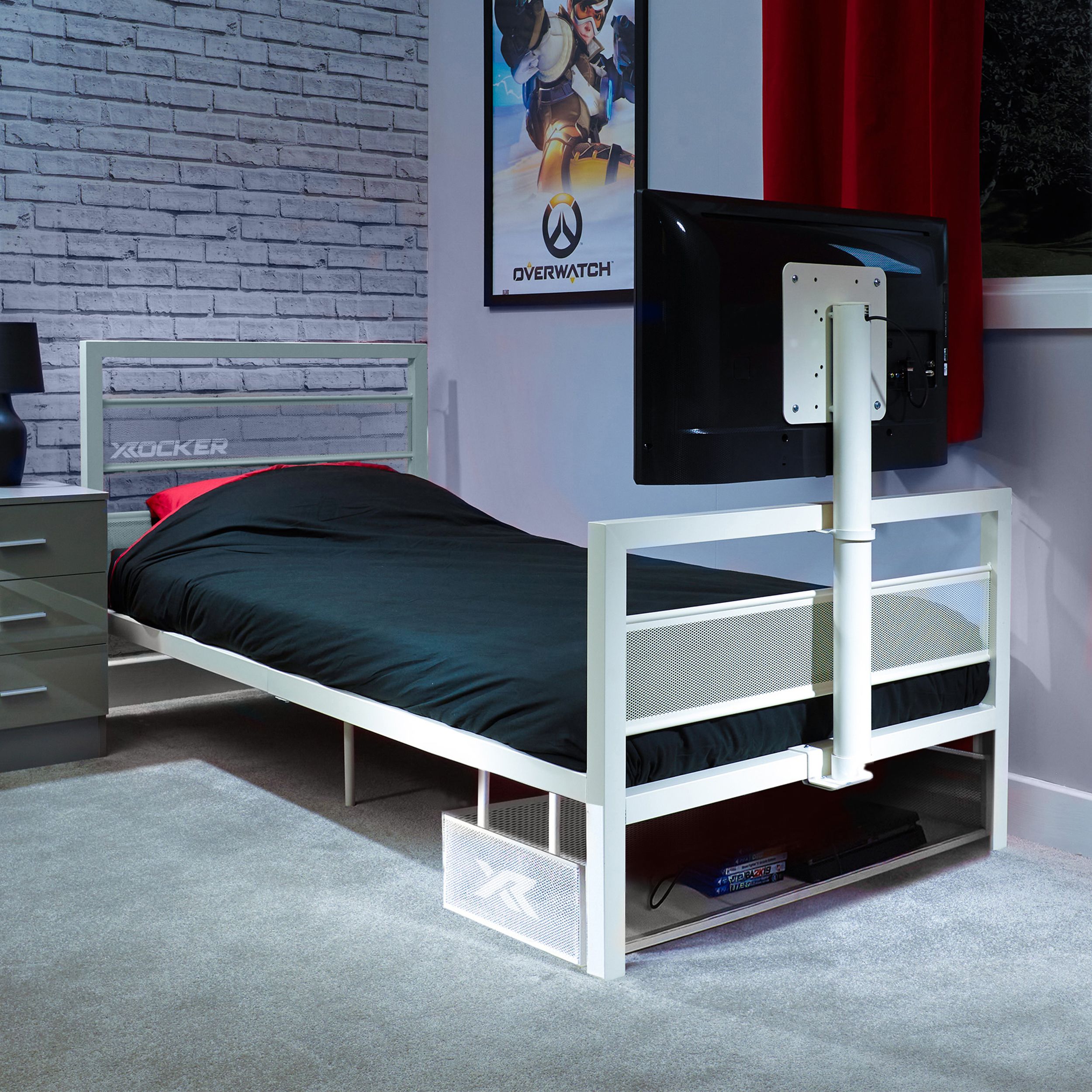 X Rocker Basecamp TV Bed Rotating TV Mount & Storage with Mattress in White