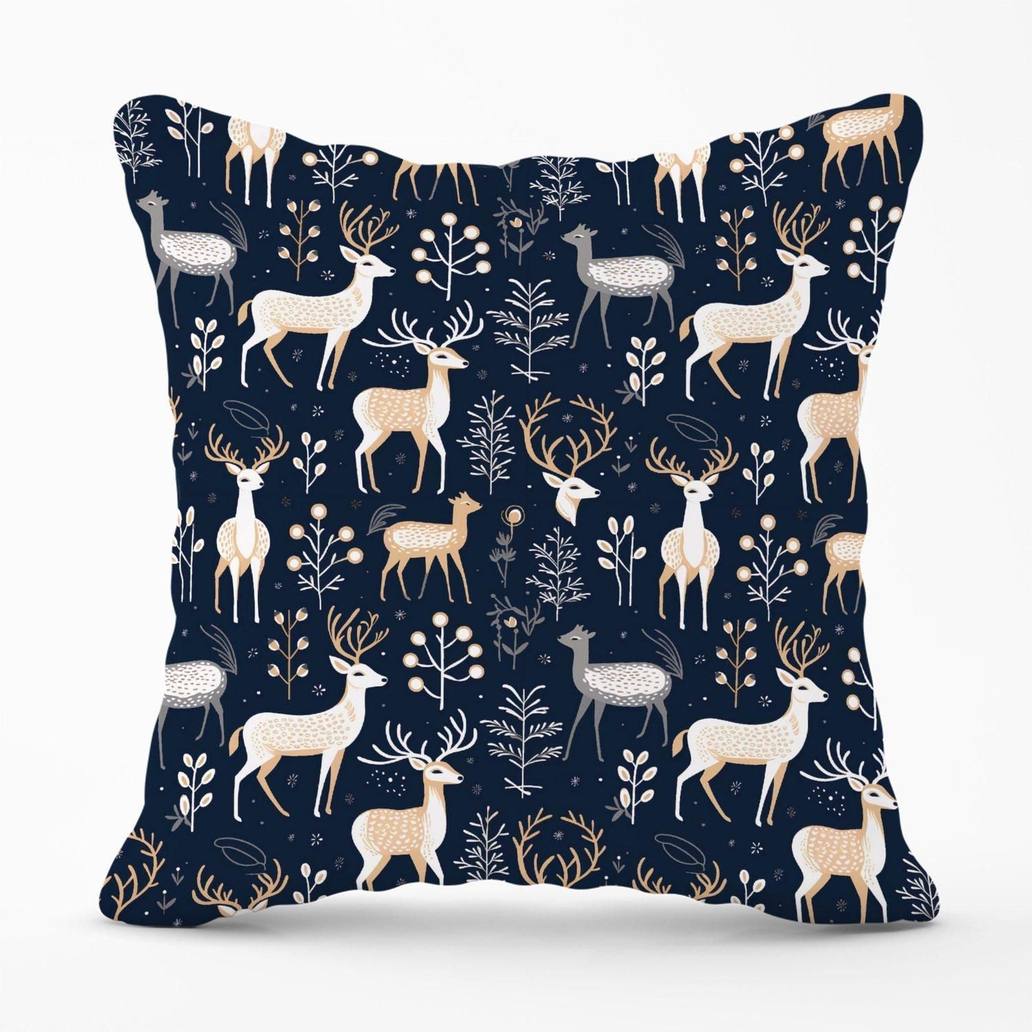 Warren Reed - Designer Reindeer, Whimsical, Illustration Pattern Outdoor Cushion in Blue