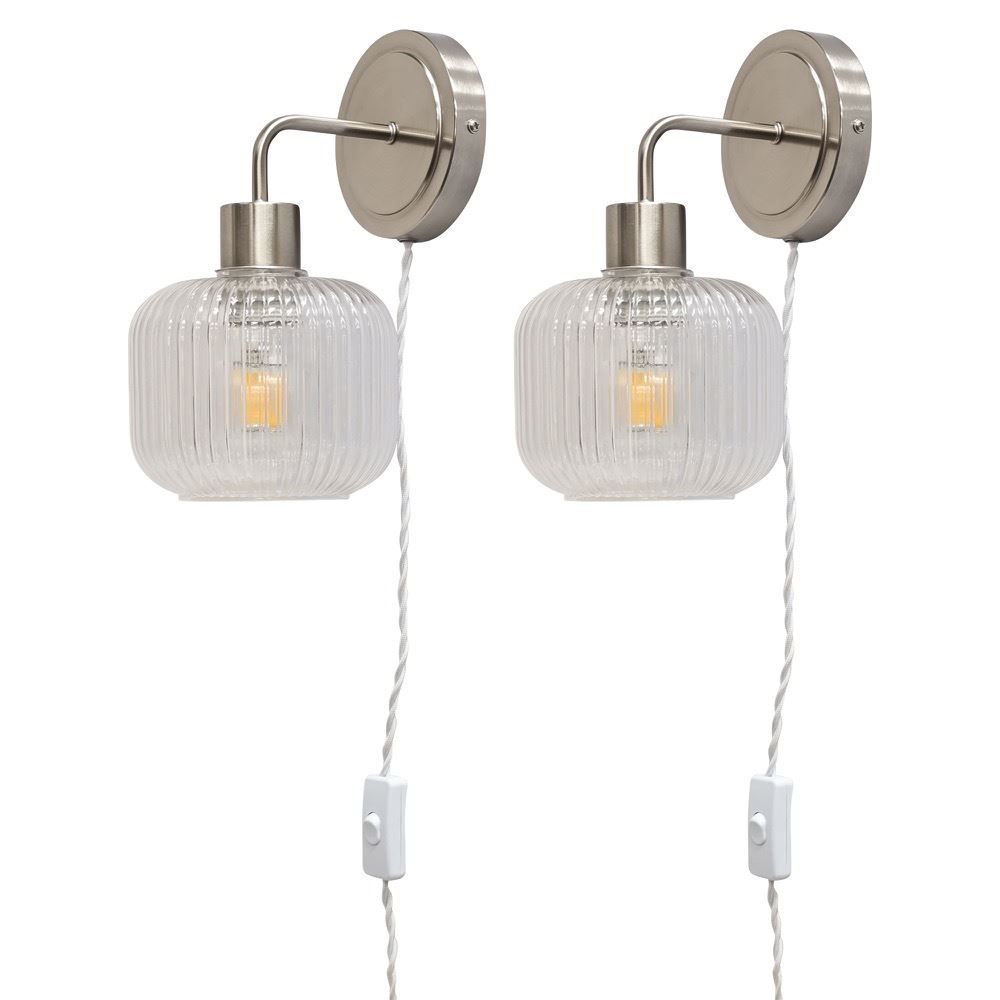 First Choice Lighting Set of 2 Toby - Satin Nickel Plug in Wall Lights Ribbed Glass Shades in Silver