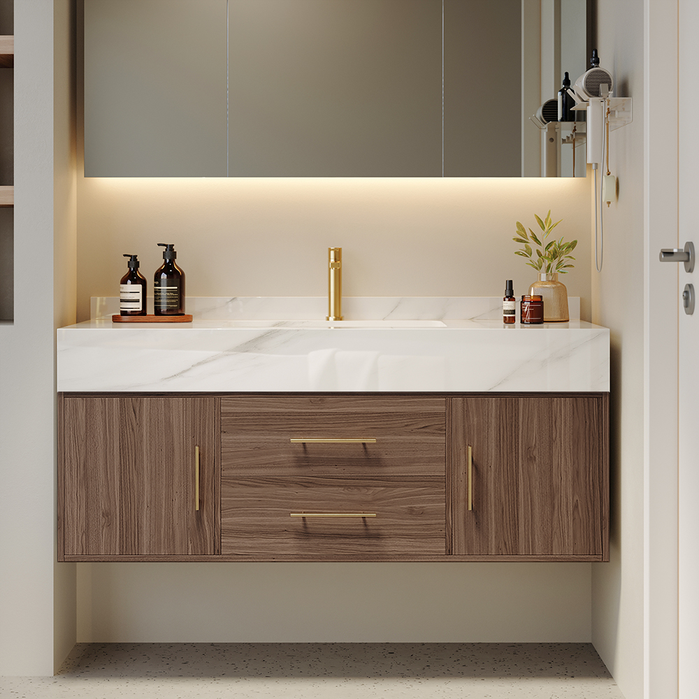 100 cm Walnut Floating Bathroom Vanity Set Stone Top Wall Mounted Bathroom Cabinet