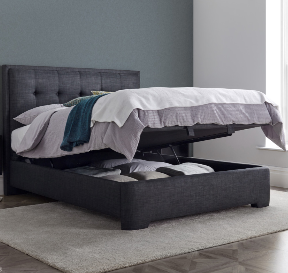 Falstone Slate Grey Fabric Ottoman Storage Bed Frame - 6ft Super King Size