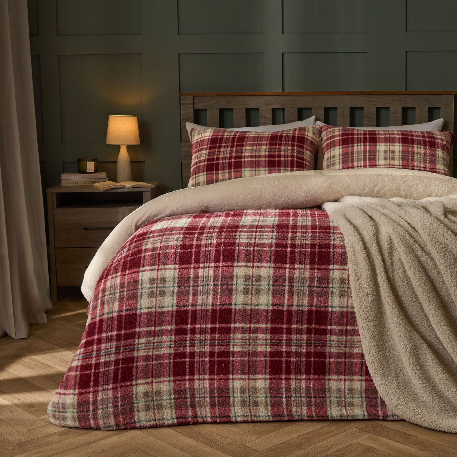 OHS Teddy Fleece Duvet Cover Set Pillowcase Bedding Check in Red