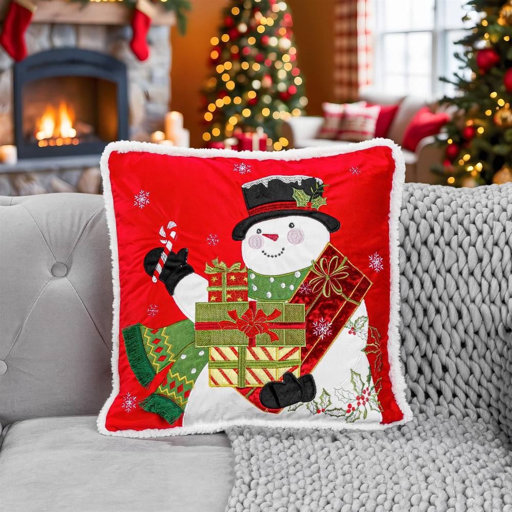 Luxury Living Christmas Embroidered Snowman Cushion with Gifts & Candy Cane in Red