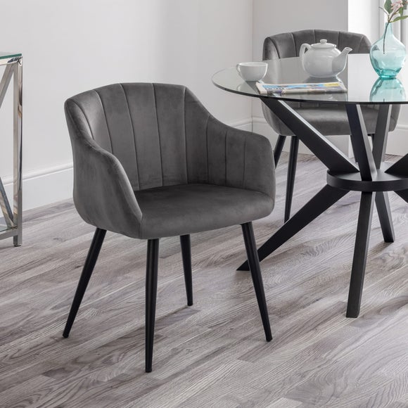 Hobart Set of 2 Scalloped Dining Chairs, Grey Velvet