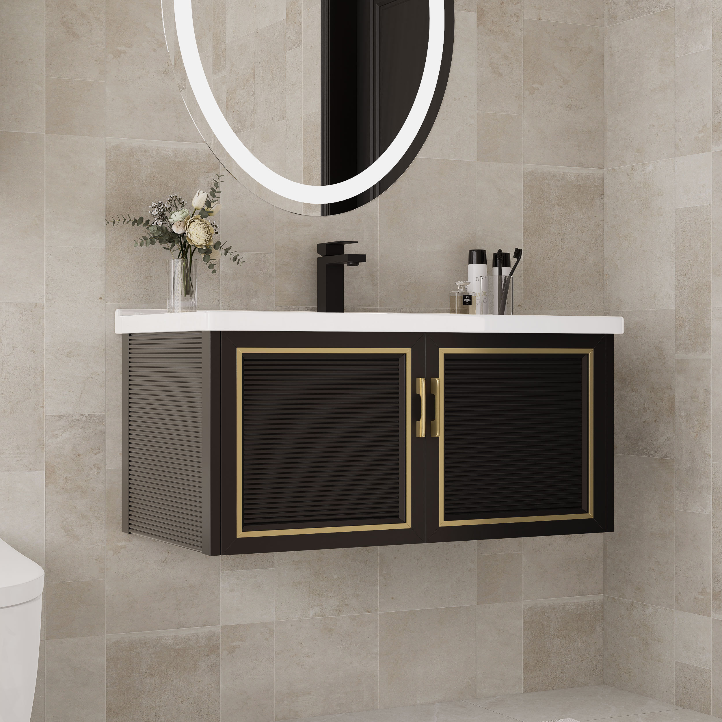 27.9" Floating Bathroom Vanity Set Wall Mounted Black with Ceramic Sink & Cabinet