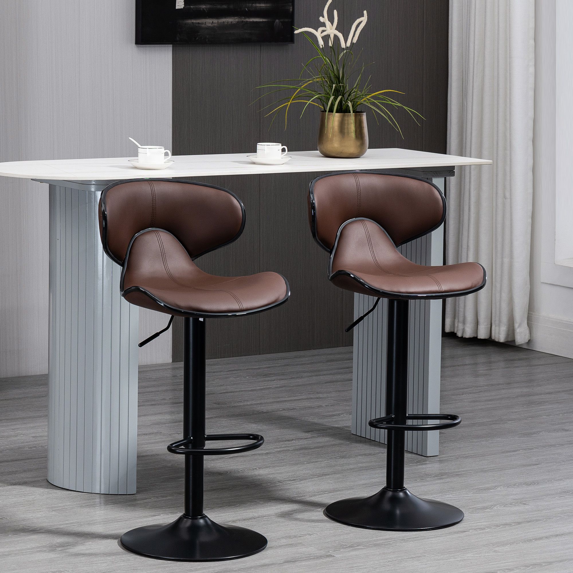 HOMCOM Stools Set of 2 Height Adjustable Swivel Barstool W/ Footrest Kitchen in Brown