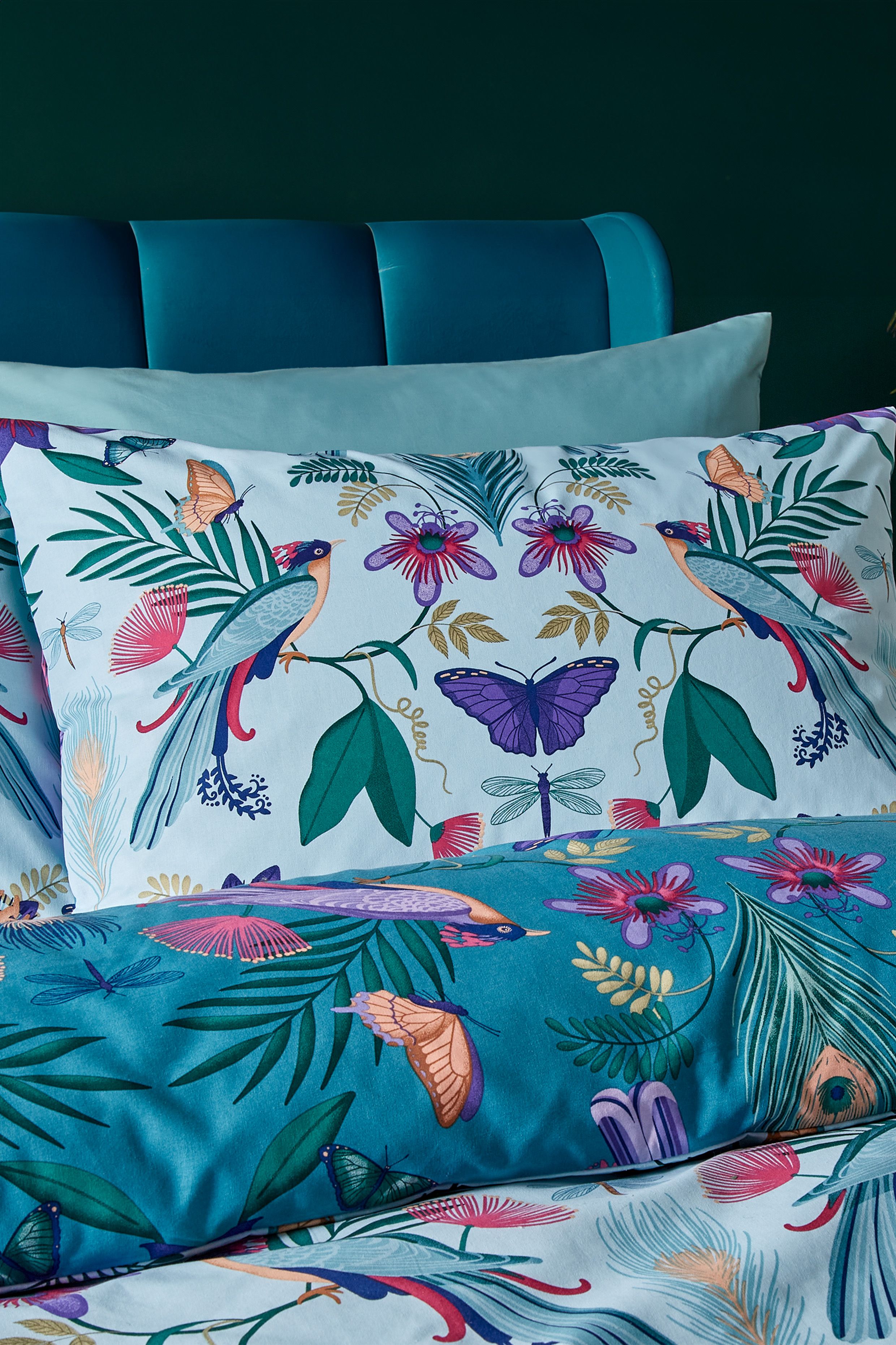 Catherine Lansfield 'Mya Tropical Floral' Reversible Duvet Cover Set in Duck Egg Blue 3