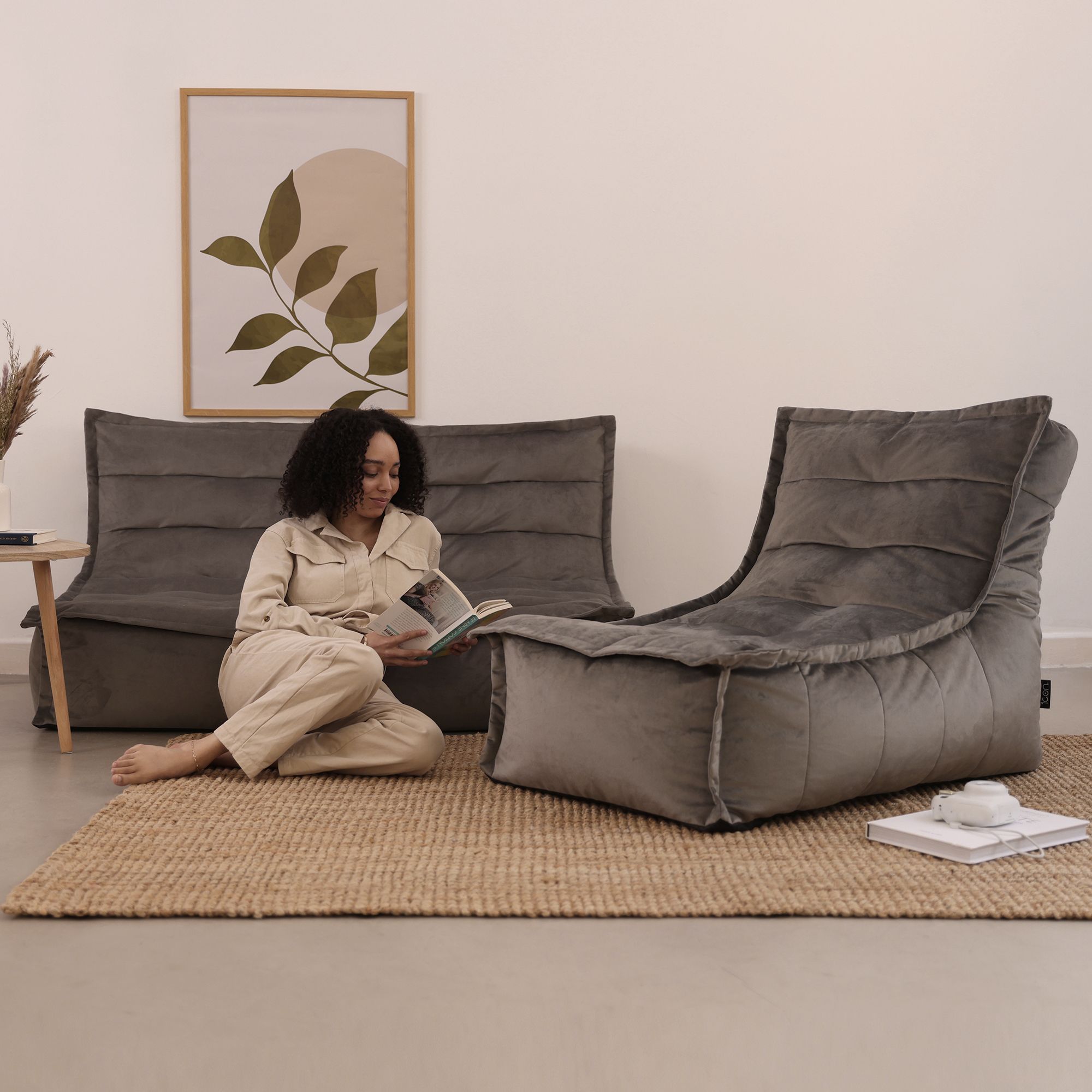 icon Kota Velvet XL Bean Bag Sofa & Lounger Set Grey Bean Bag Chair in Charcoal