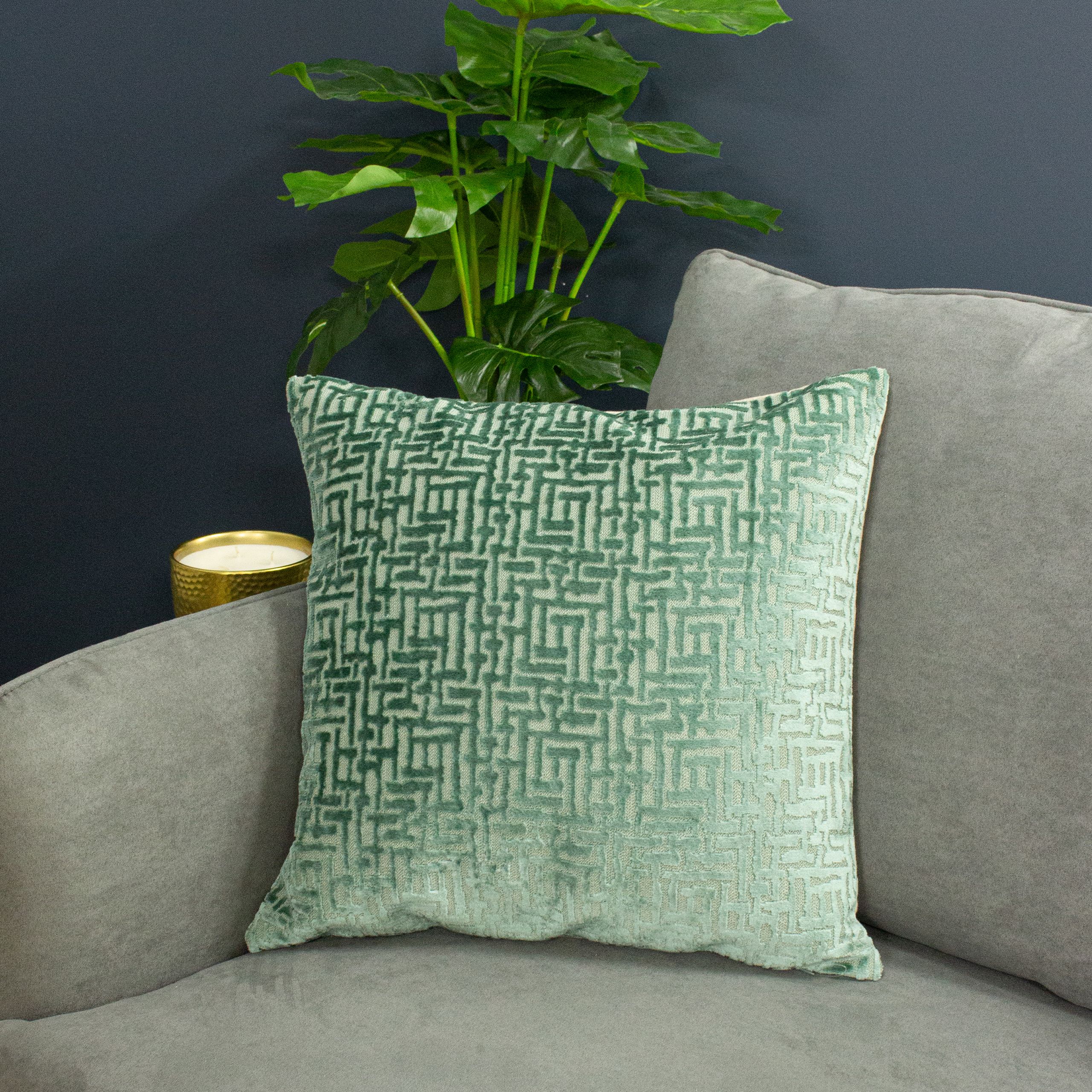 Paoletti Delphi Maze Cut Velvet Cushion in Mint