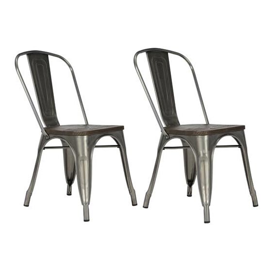 Fusion Antique Gun Metal Dining Chairs With Wood Seat In Pair