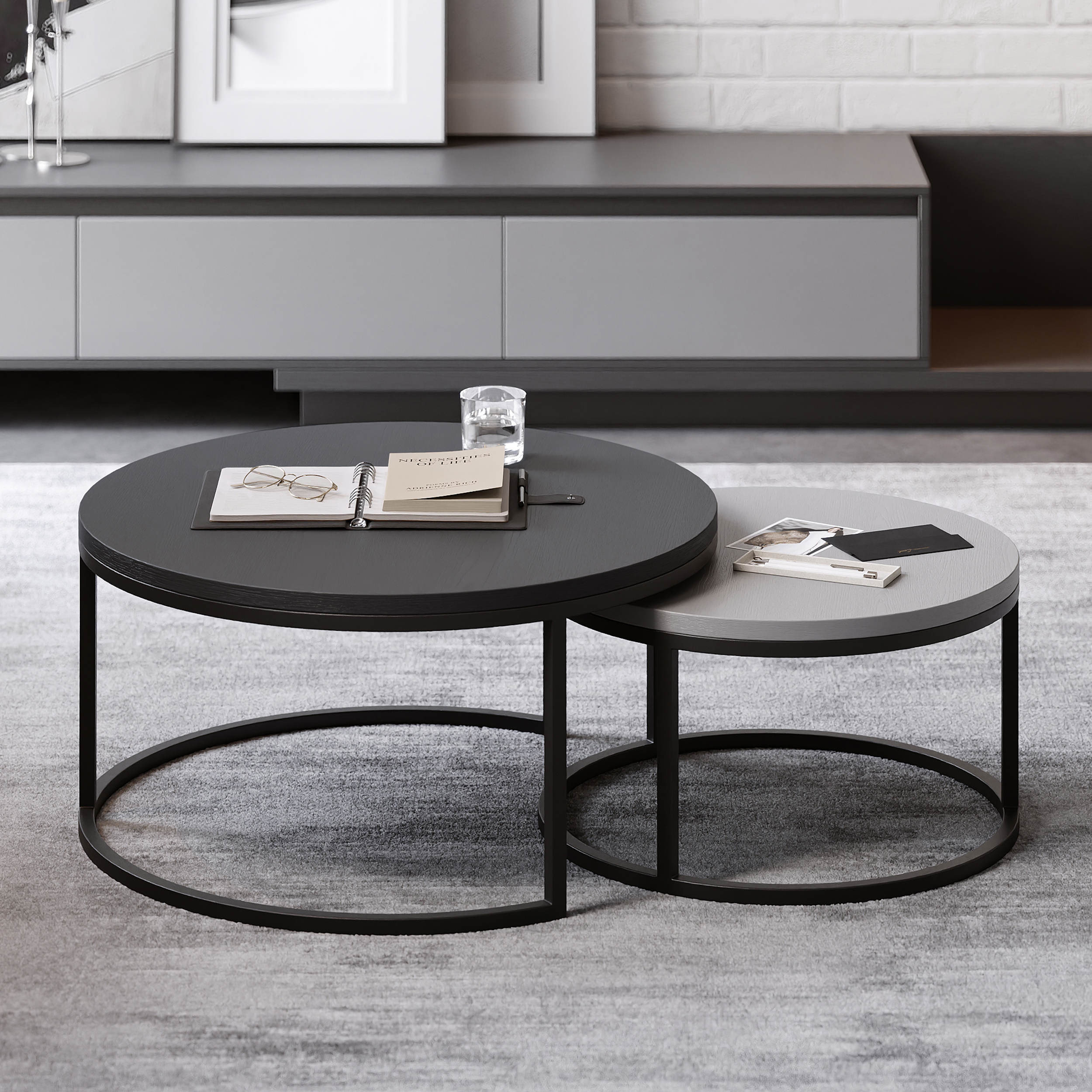 Fero 2 Pieces Modern Wood Gray & Black Round Nesting Coffee Table for Living Room