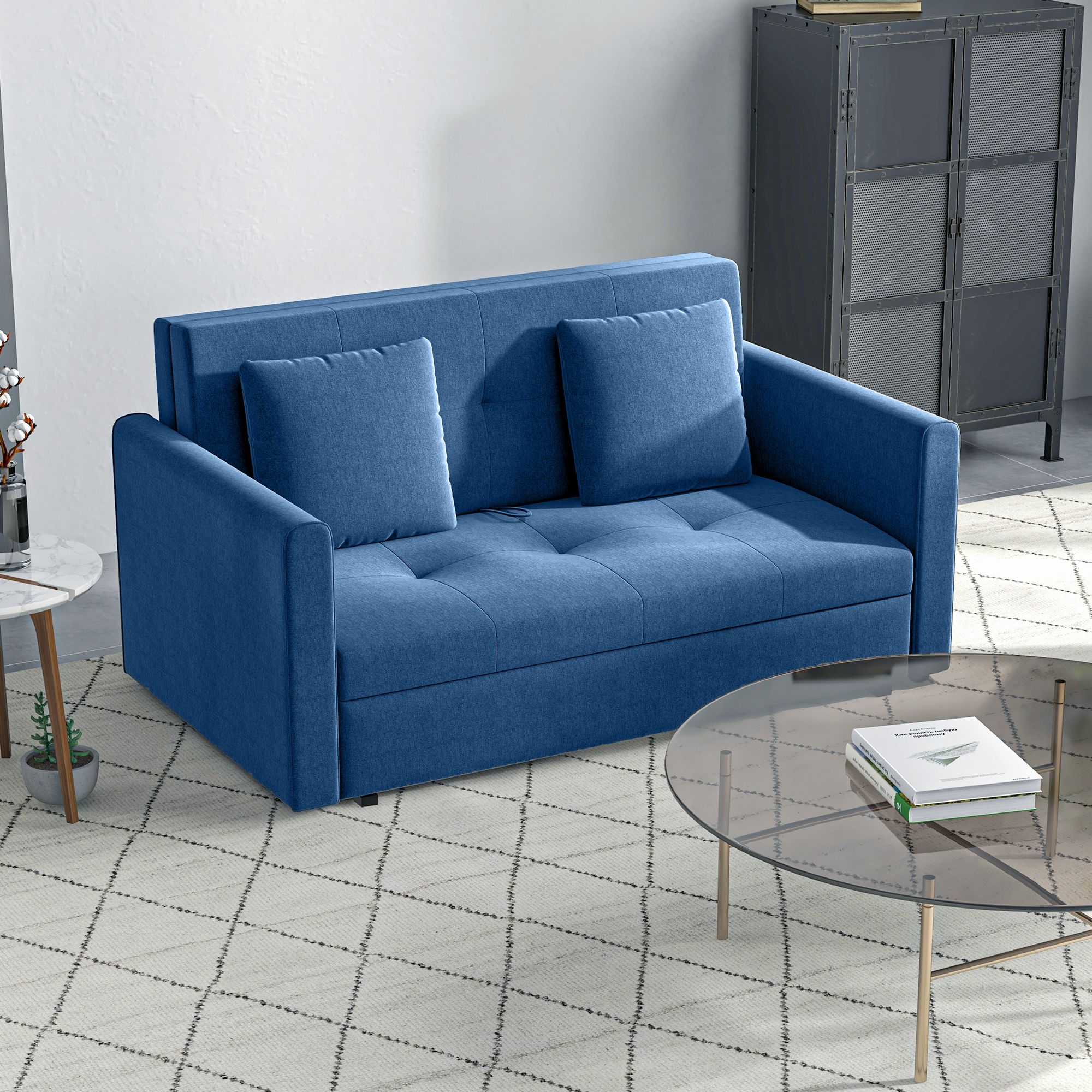HOMCOM Convertible 2 Seater Sofa Bed with 2 Cushions Storage for Living Room in Dark Blue