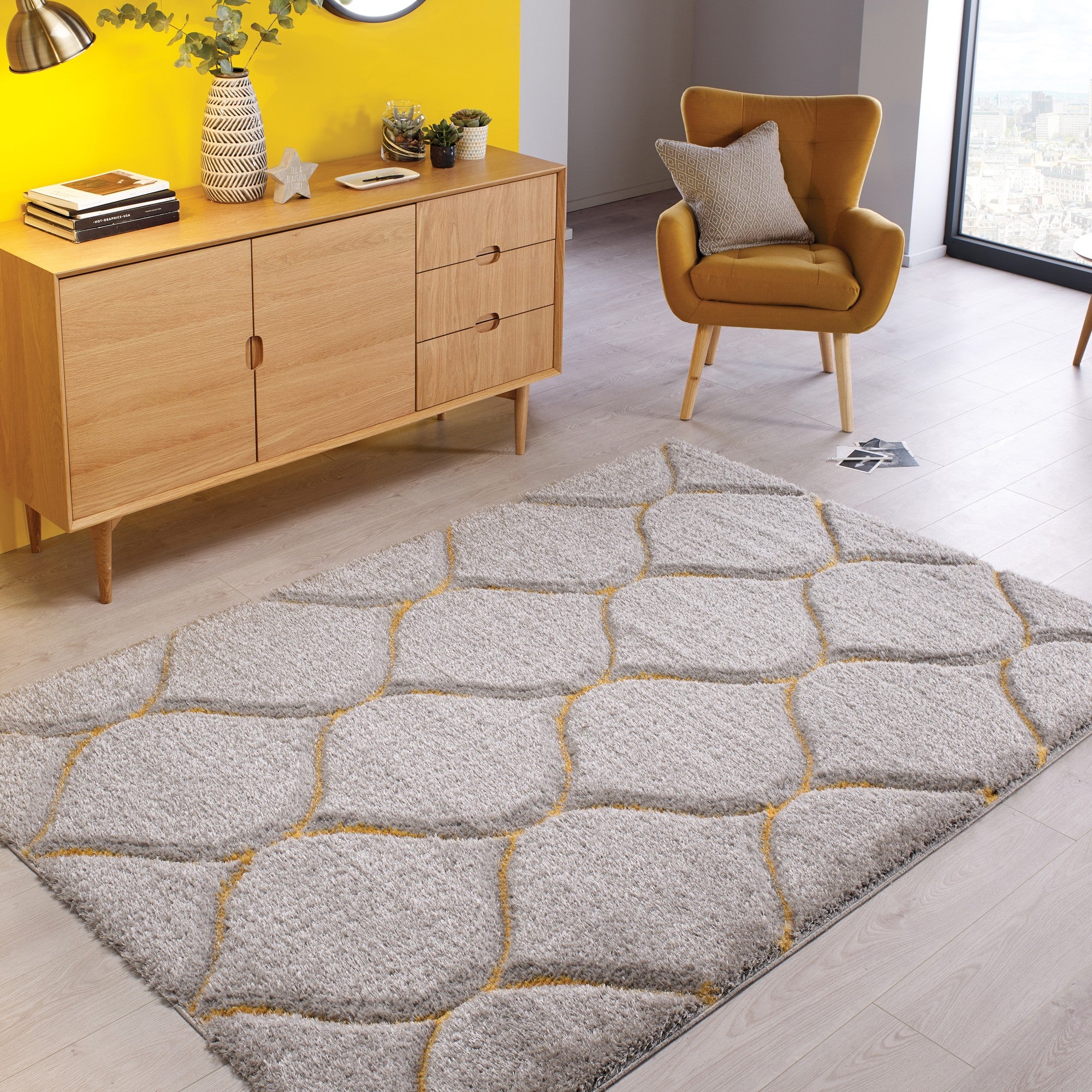 Sirocca Shaggy Geometric Rug Yellow and Grey