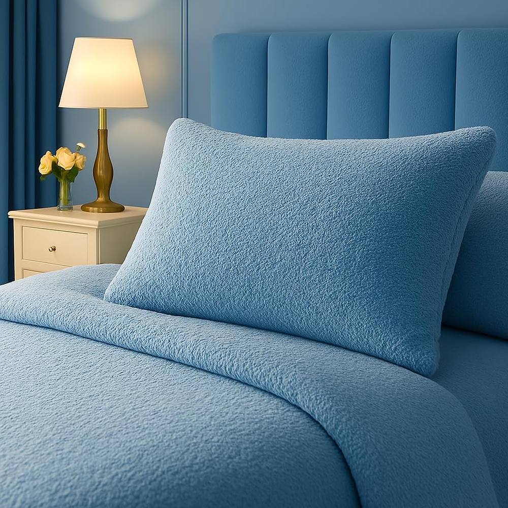 Homes-Linen Teddy Bear Plush Fleece Pillowcase Pair Warm & Cosy in Blue