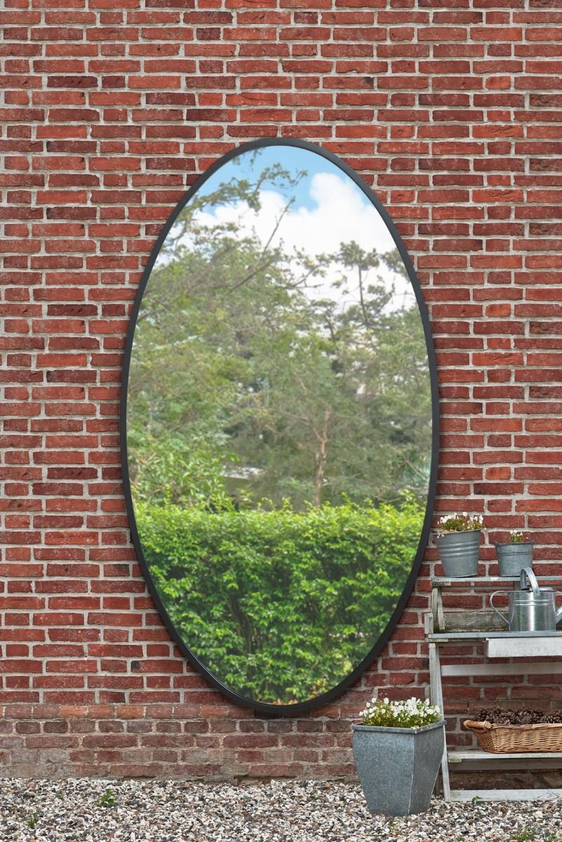 MirrorOutlet Black Metal Framed Oval Garden Wall Mirror 79" X 44" (200 x 112CM)