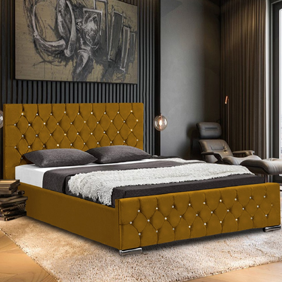 Papillion Plush Velvet Small Double Bed In Mustard