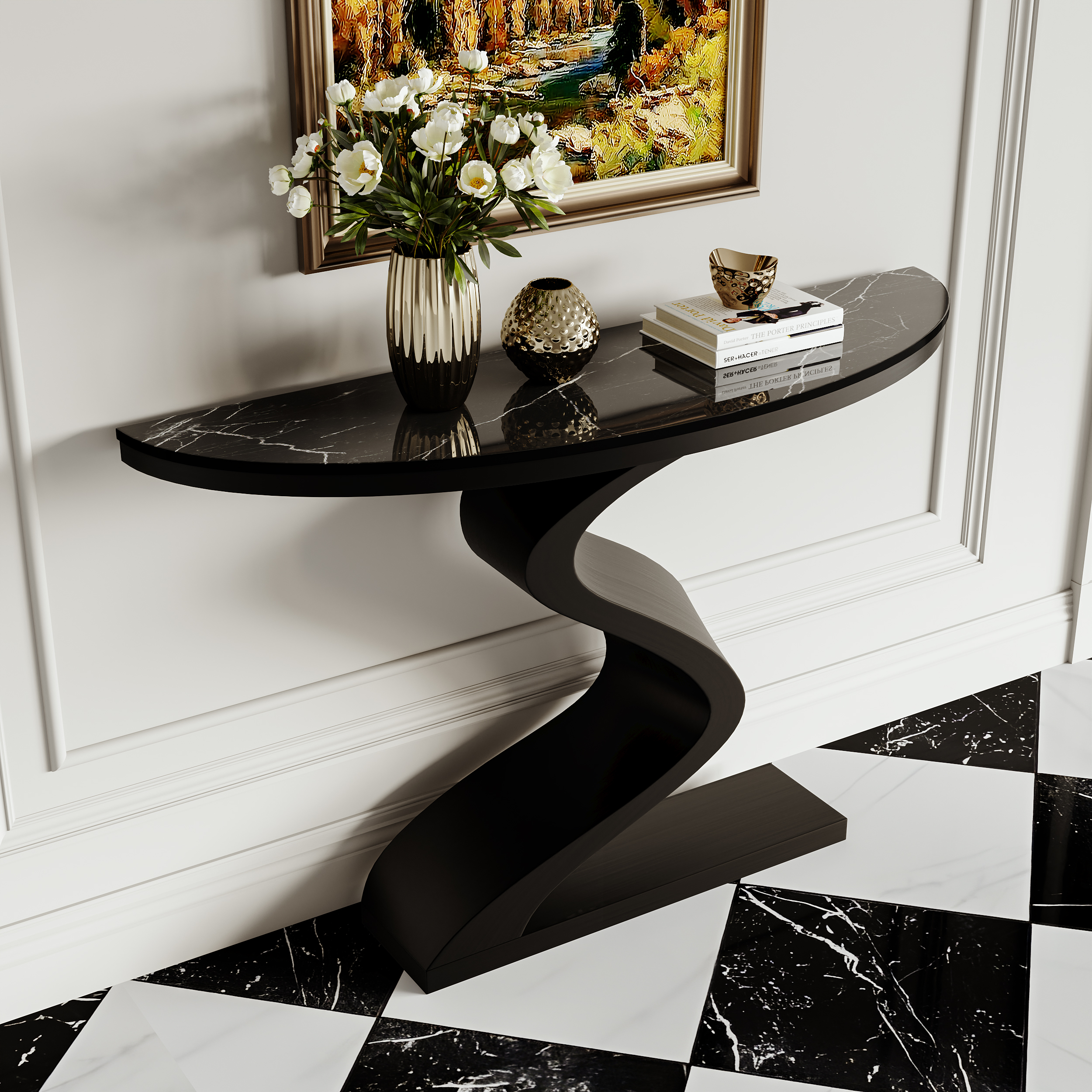 Curved Console Table with Sintered Stone Top Half Moon Shape Entryway Furniture in Black (100 cm Wide)