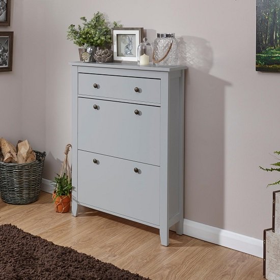 Strado Wooden Shoe Cabinet In Grey With 2 Doors And 1 Drawer